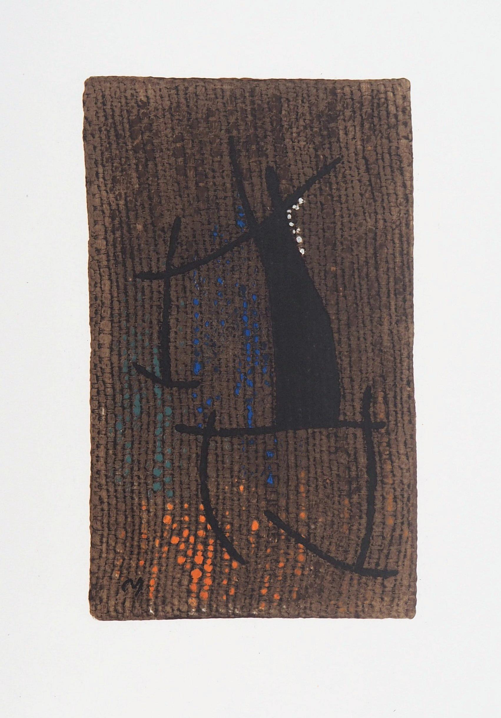 Donna su sfondo marrone - Litografia (Maeght 1965) - Abstract Print Nero di Joan Miró