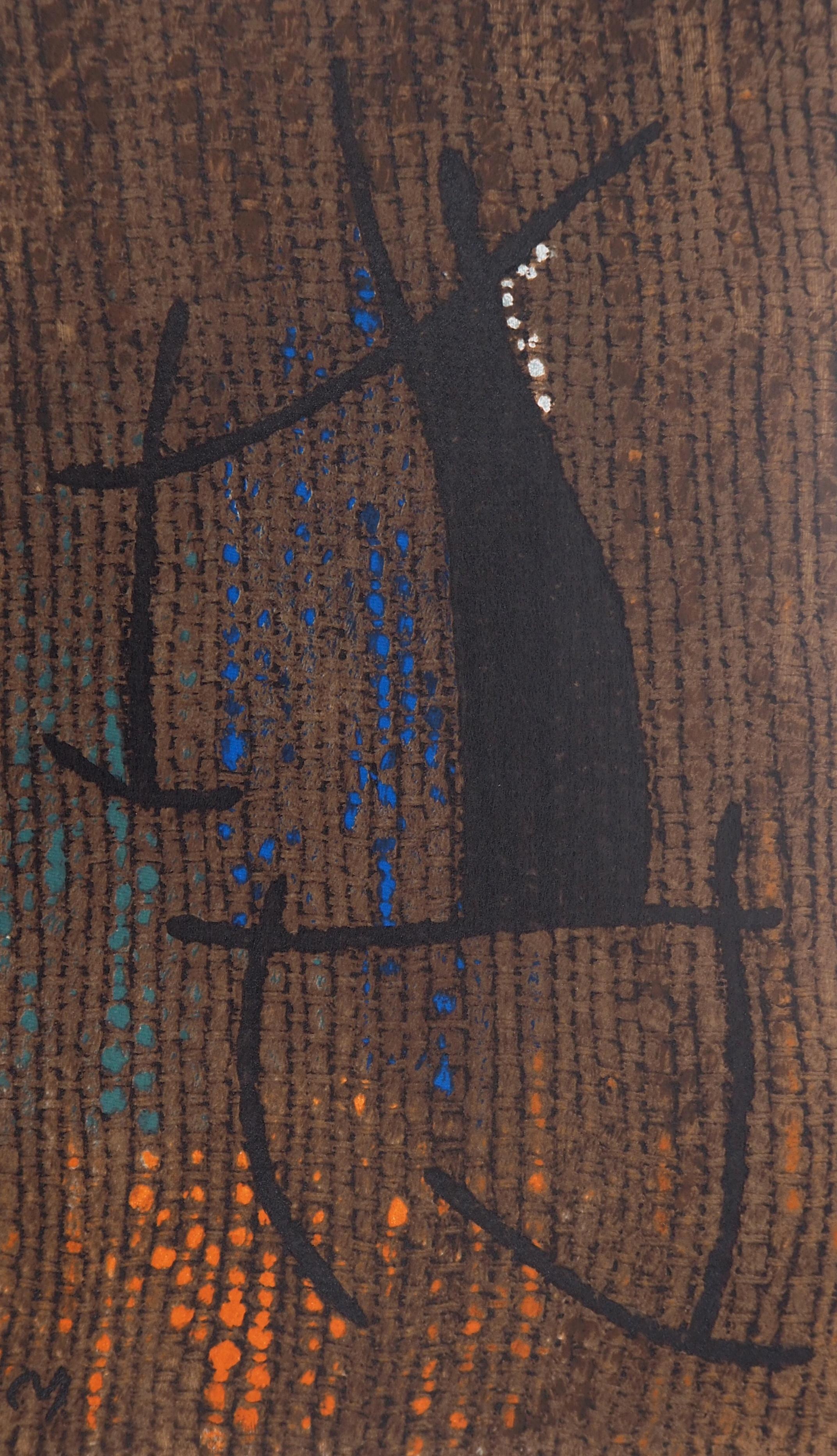 Joan MIRO
Donna su sfondo marrone 

Litografia (stampata nel laboratorio Maeght / Arte)
Firma stampata nella lastra
Su pergamena leggera 55 x 46 cm (c. 22 x 18 in)
Autenticato dal timbro a secco dell'editore nell'angolo in basso a