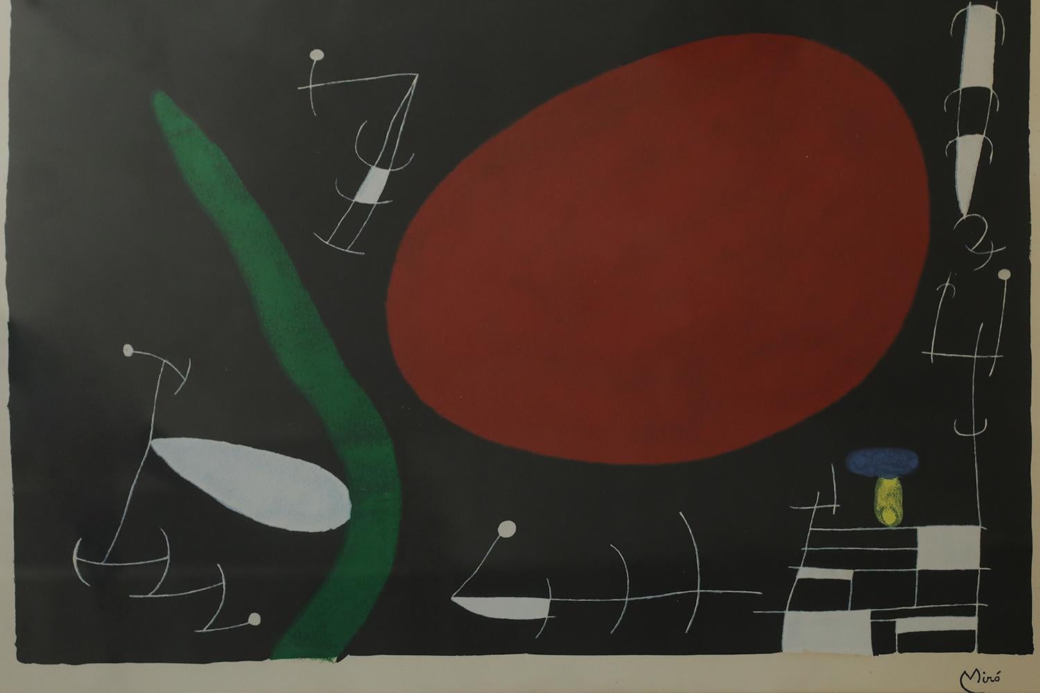 Joan Miró, Soleil et Étincelles, années 1960
Lithographie couleur
Œuvre signée en caractères d'imprimerie
Dimensions du travail 58/74
L'œuvre est encadrée

Cette lithographie est parue dans la Collection Derriére le Miroir 164/165. L'Oiseau Solaire,