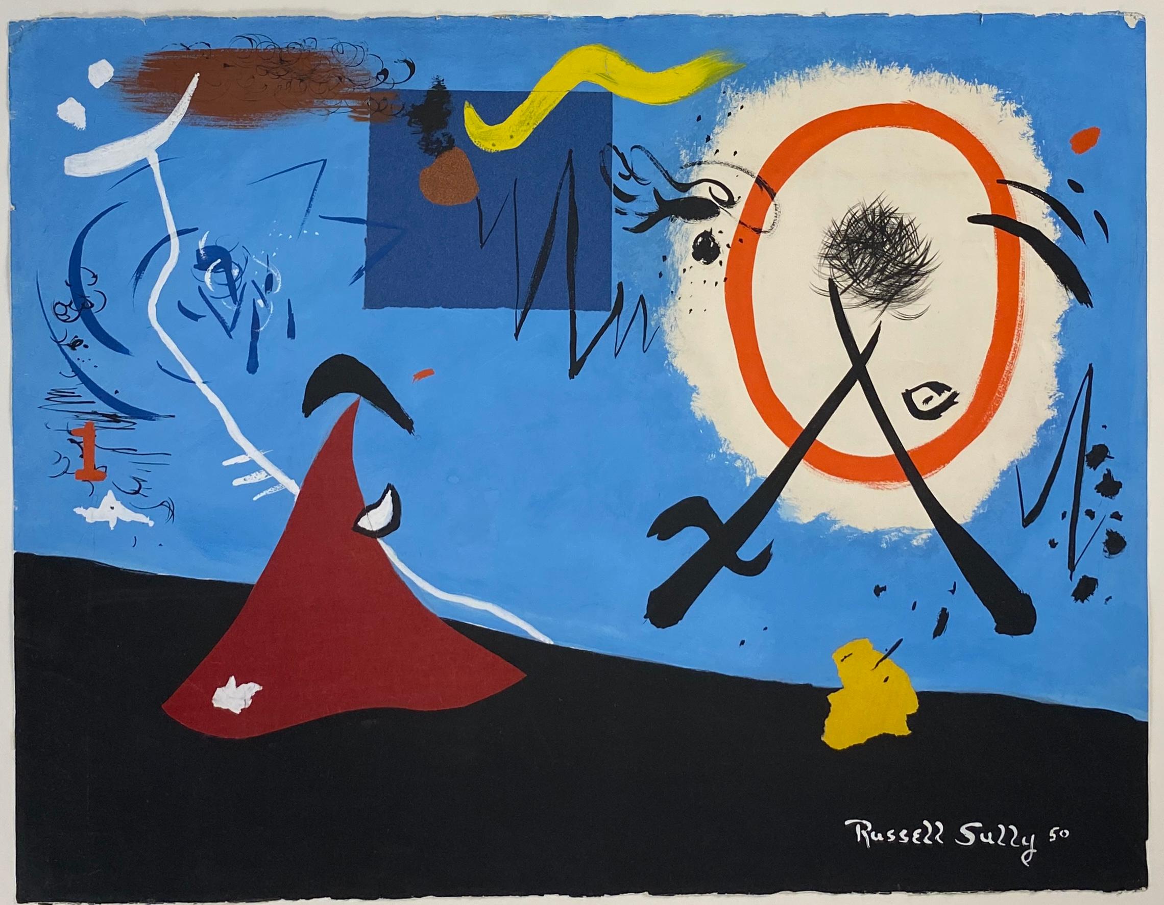 Großformatige abstrakte Komposition in der Art des spanischen surrealistischen Malers Joan Miró, ca. 1960er Jahre. Dieses moderne und dekorative Kunstwerk misst beeindruckende 39 3/8