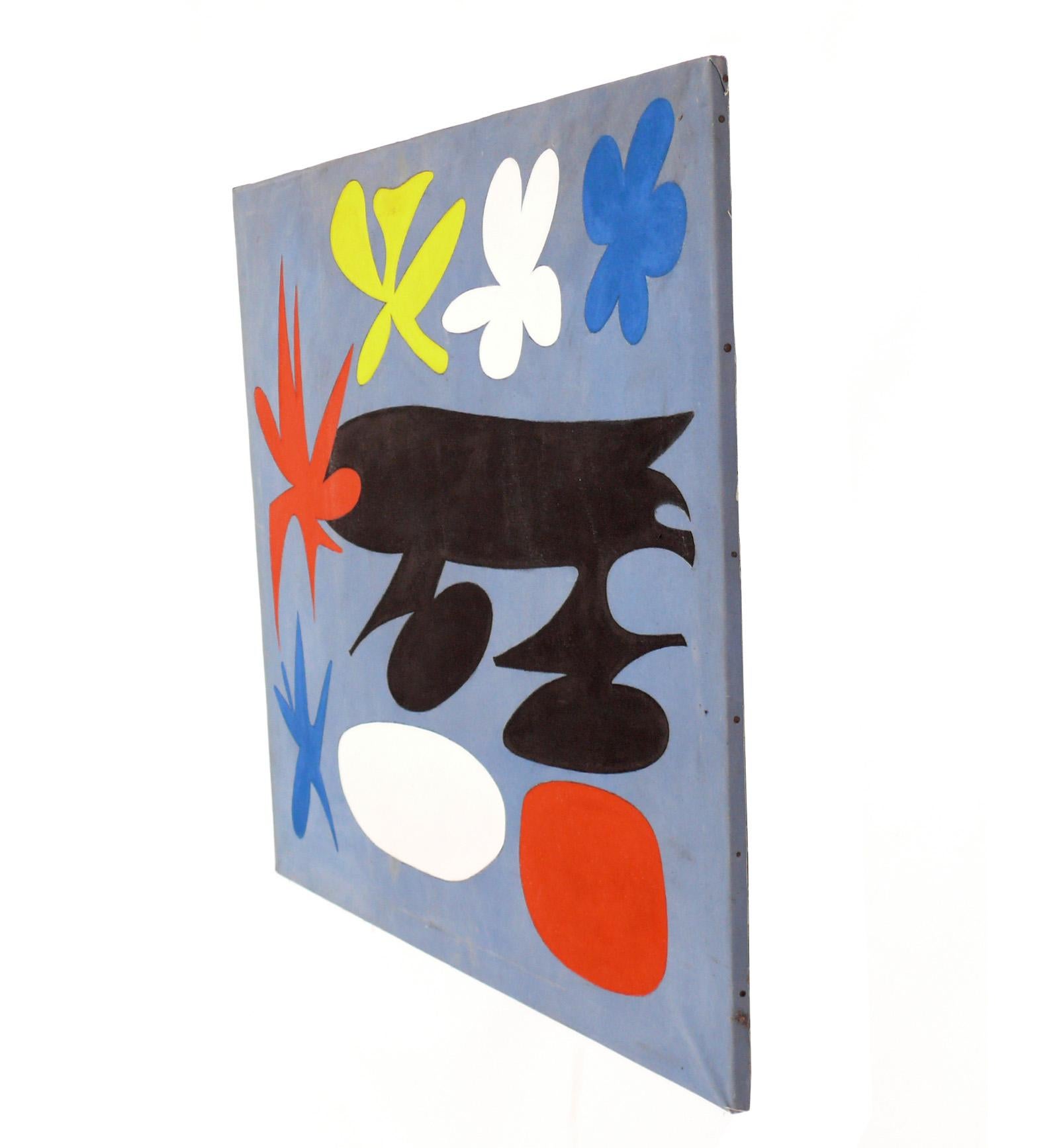 Großformatige abstrakte Malerei in der Art von Joan Miro, ca. 1960er Jahre. Er misst eine beeindruckende Breite von 43