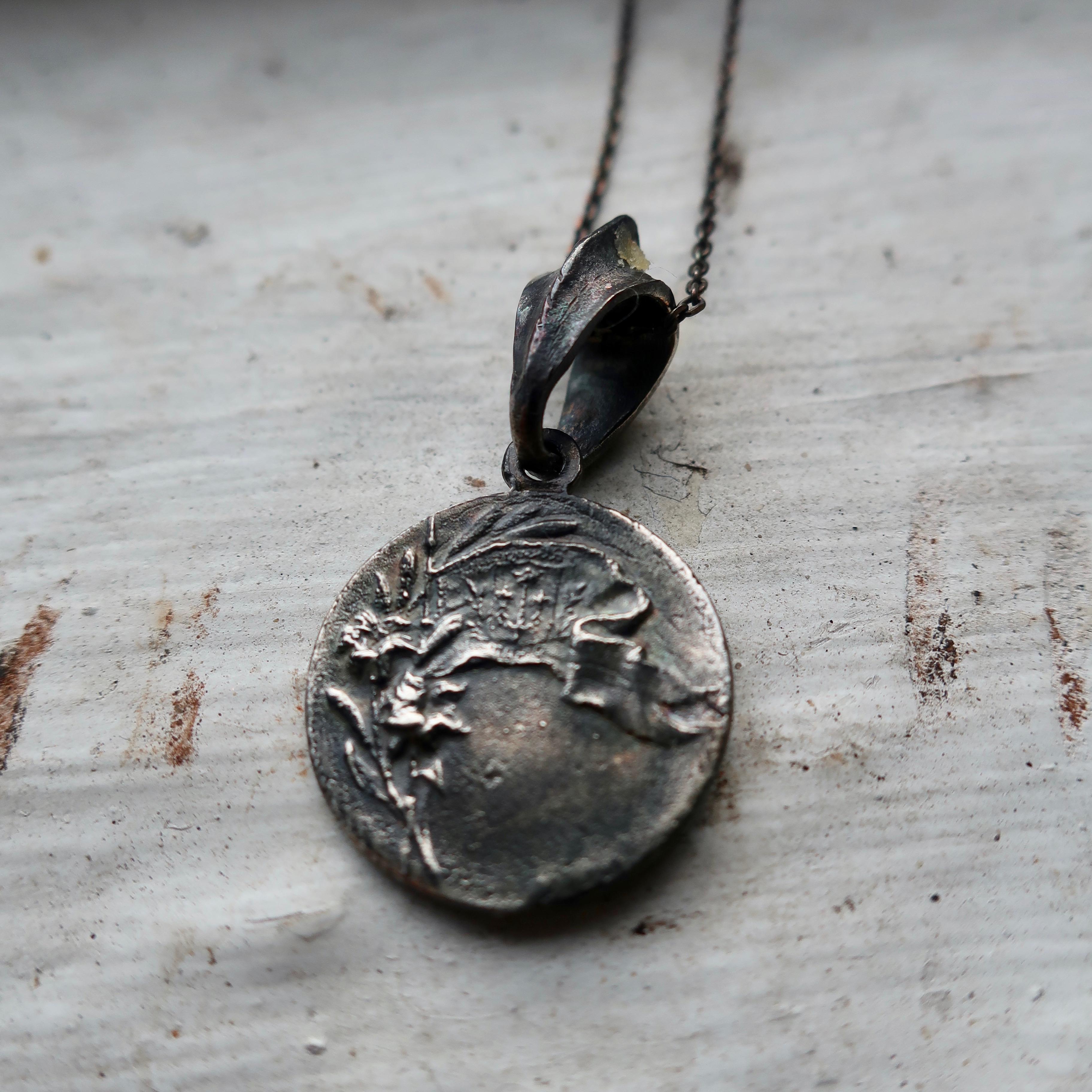 Joan of Arc Art Nouveau Pendant in Oxidized Gold In New Condition For Sale In Foxborough, MA