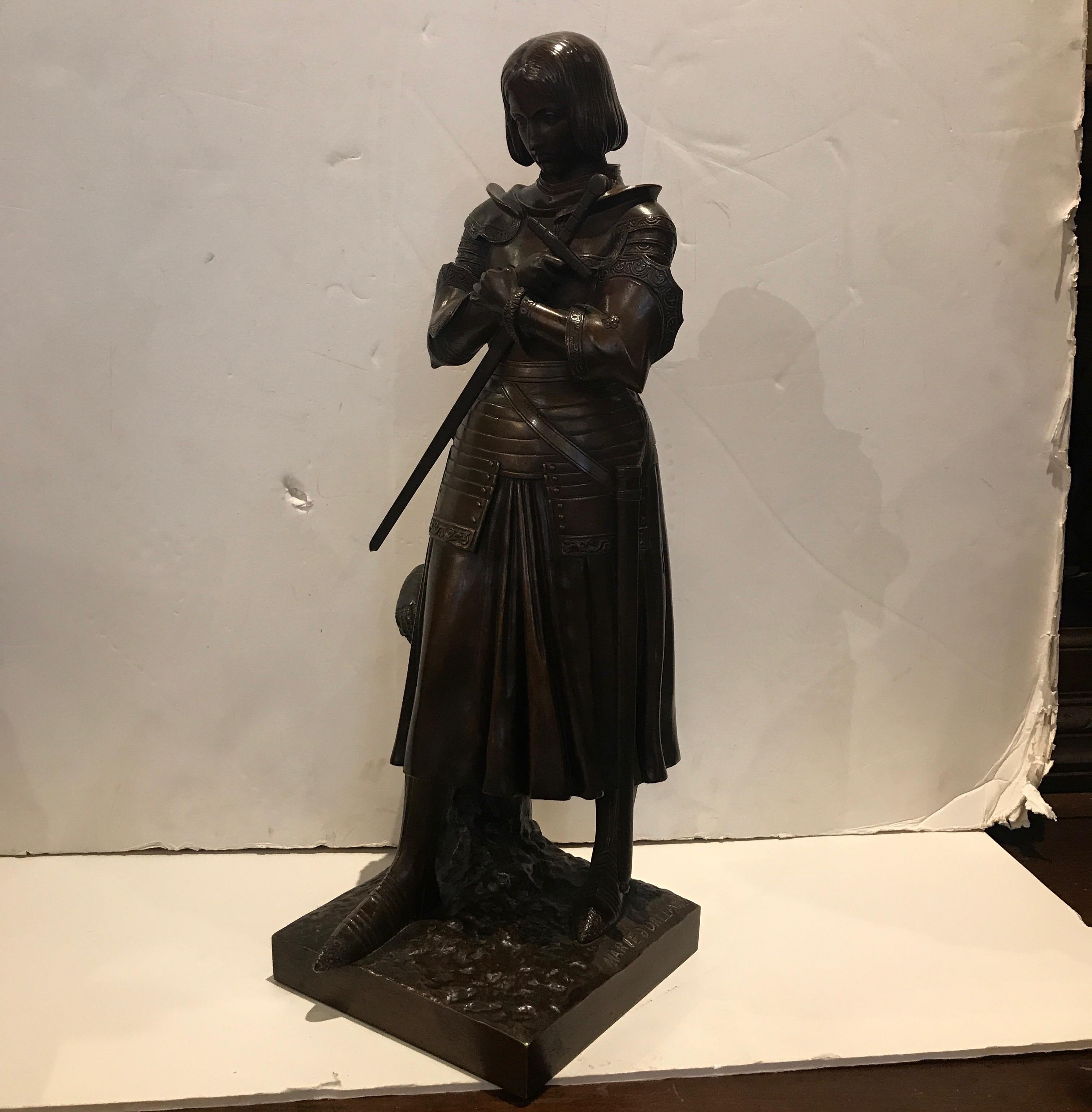 Vintage Signed Bronze JOAN OF ARC Statue Sculpture Marie d`Orleans Praying Cast 