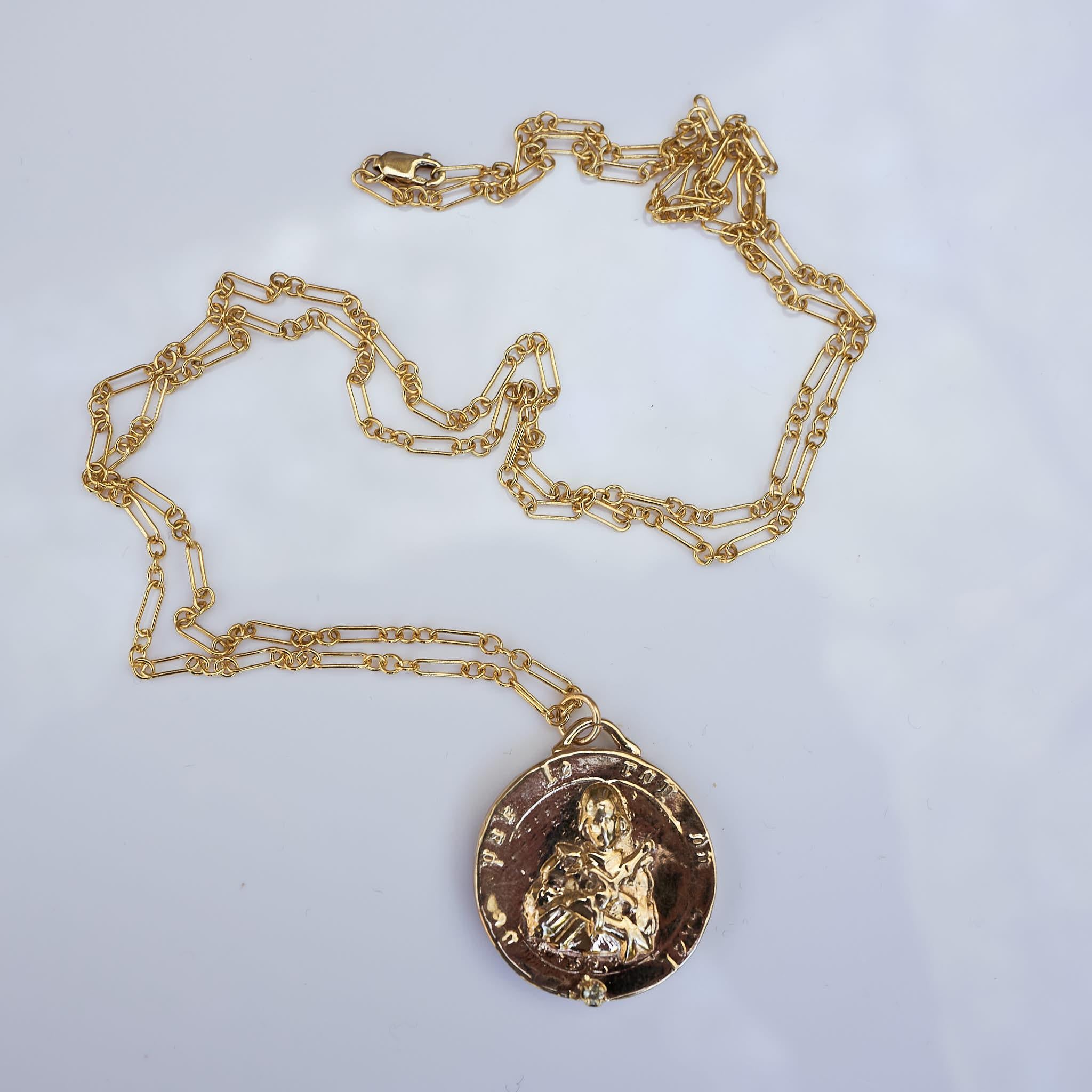 Joan of Arc Chain Necklace White Diamond Chain Necklace Medal Coin J Dauphin In New Condition For Sale In Los Angeles, CA