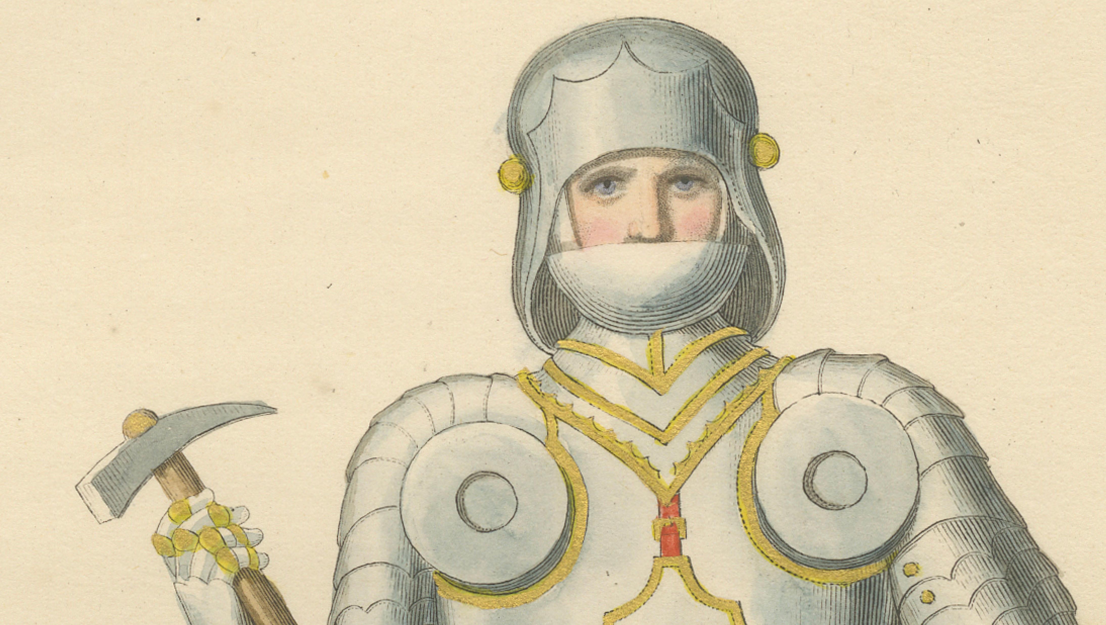 Joan of Arc in Armor, Antique Hand-Colored Costume Lithograph, c.1845