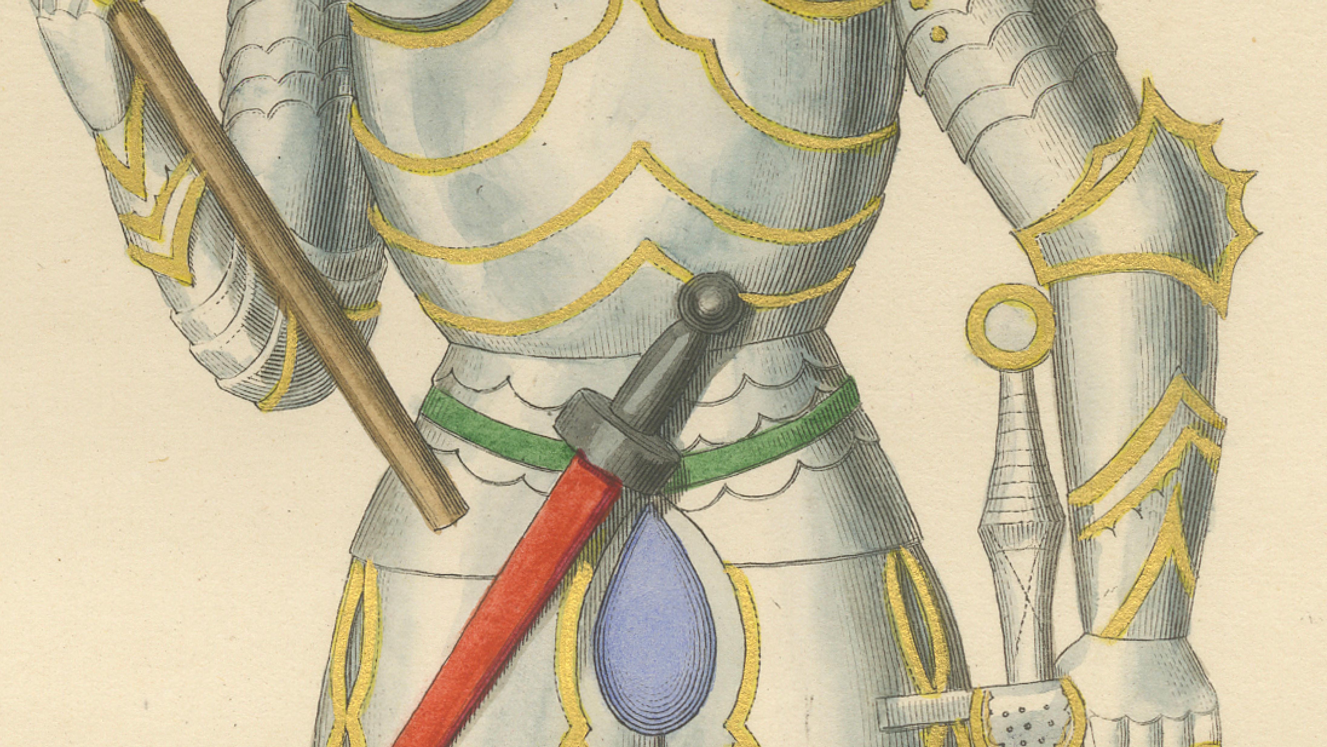 Joan of Arc in Armor, Antique Hand-Colored Costume Lithograph, c.1845