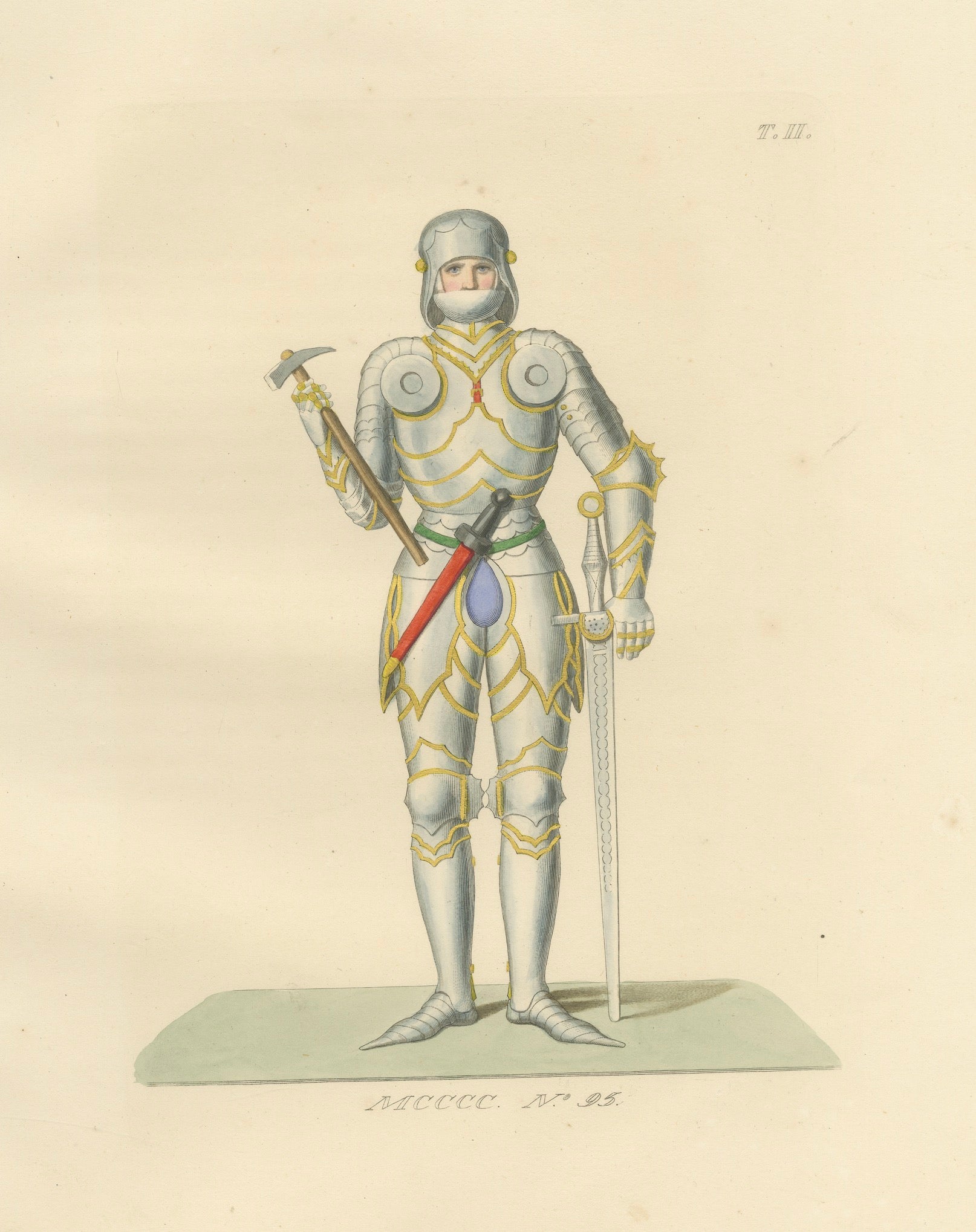 Joan of Arc in Armor, Antique Hand-Colored Costume Lithograph, c.1845