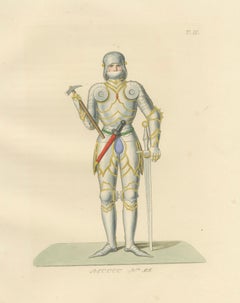 Joan of Arc in Armor, Antique Hand-Colored Costume Lithograph, c.1845
