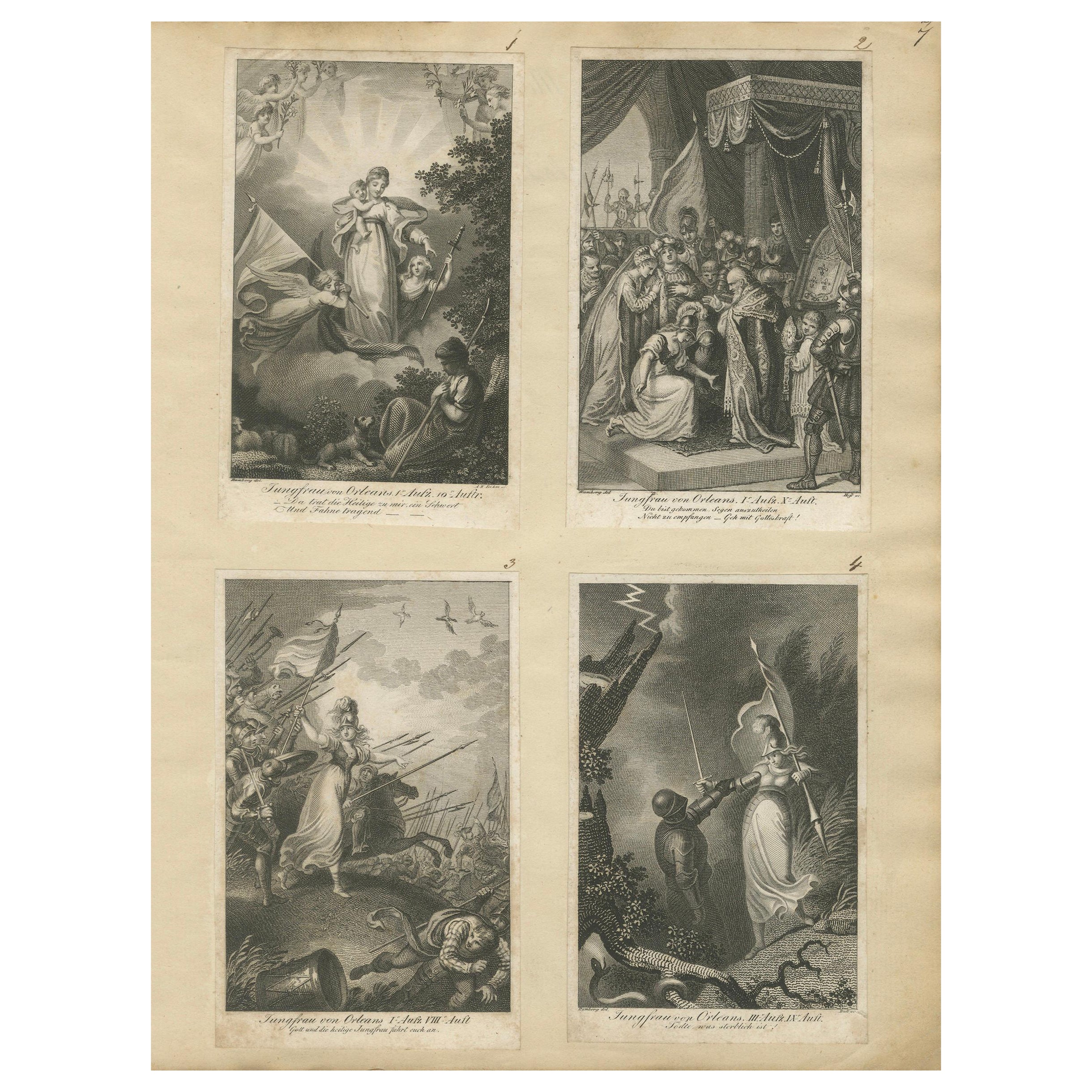 Joan of Arc Life Scenes, German Romantic Engraving, 1813, Copper Print