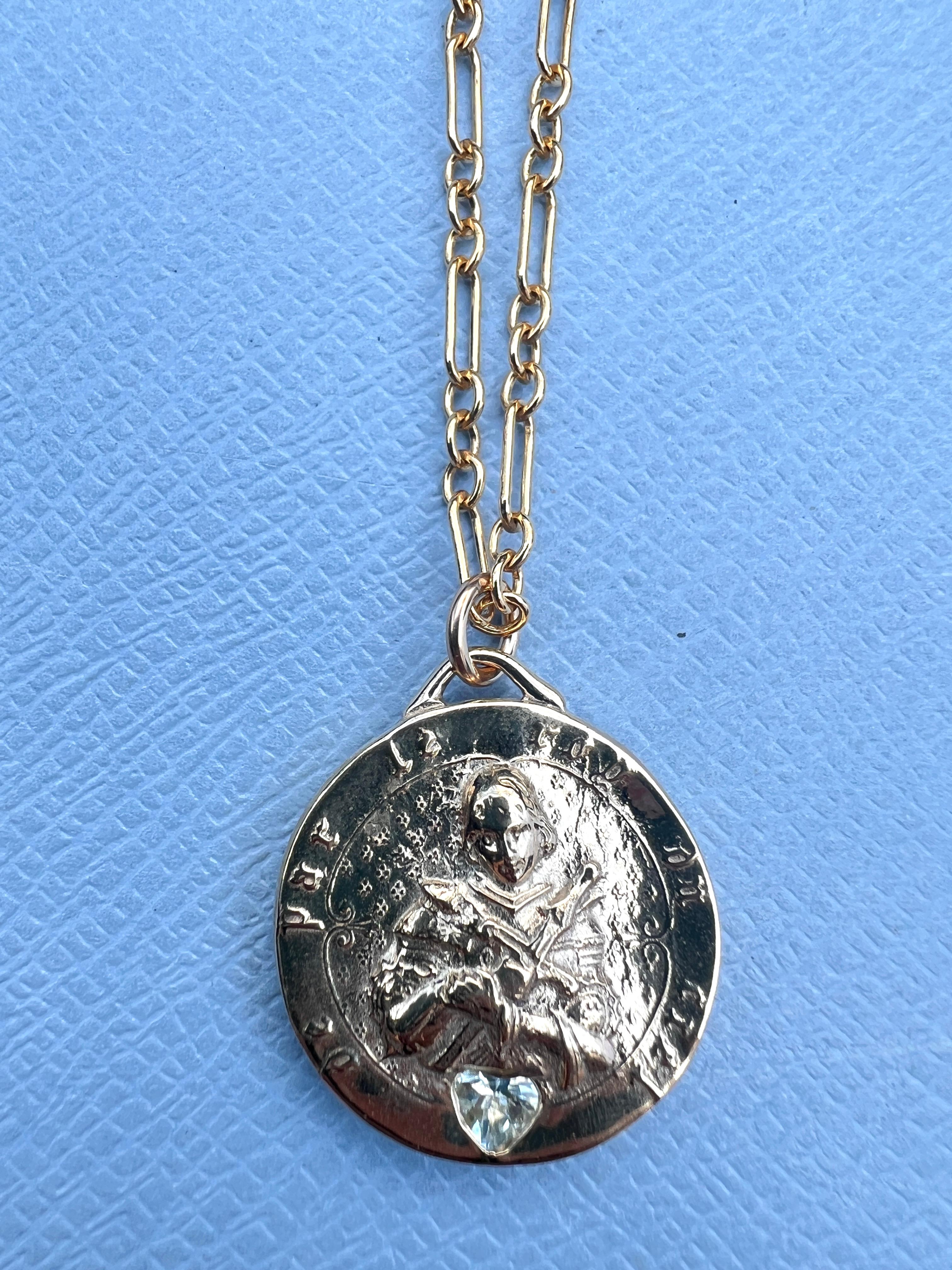 Joan of Arc Medal Aquamarine Heart Chain Necklace For Sale 4