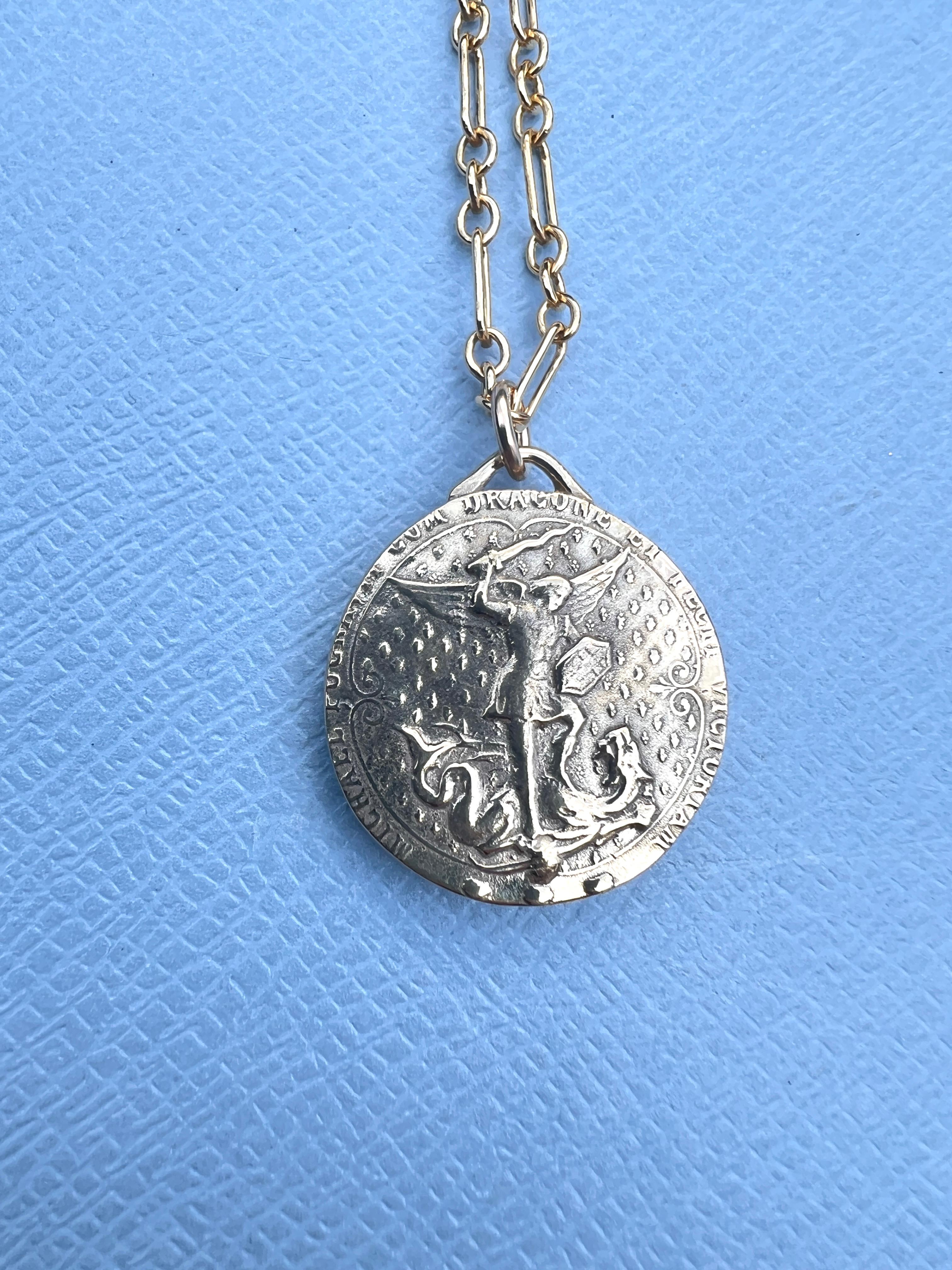 Joan of Arc Medal Aquamarine Heart Chain Necklace For Sale 5