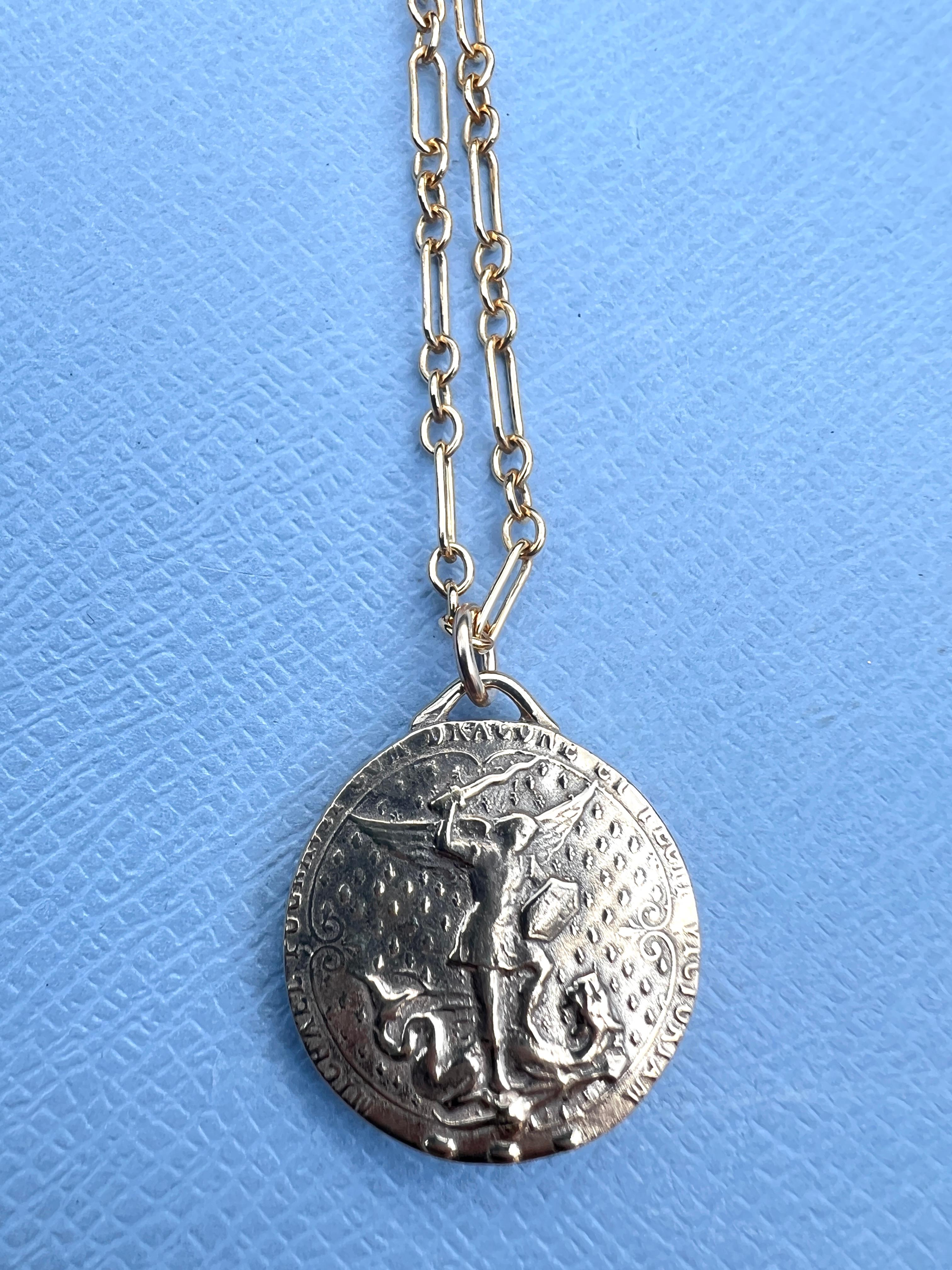 Joan of Arc Medal Aquamarine Heart Chain Necklace For Sale 6