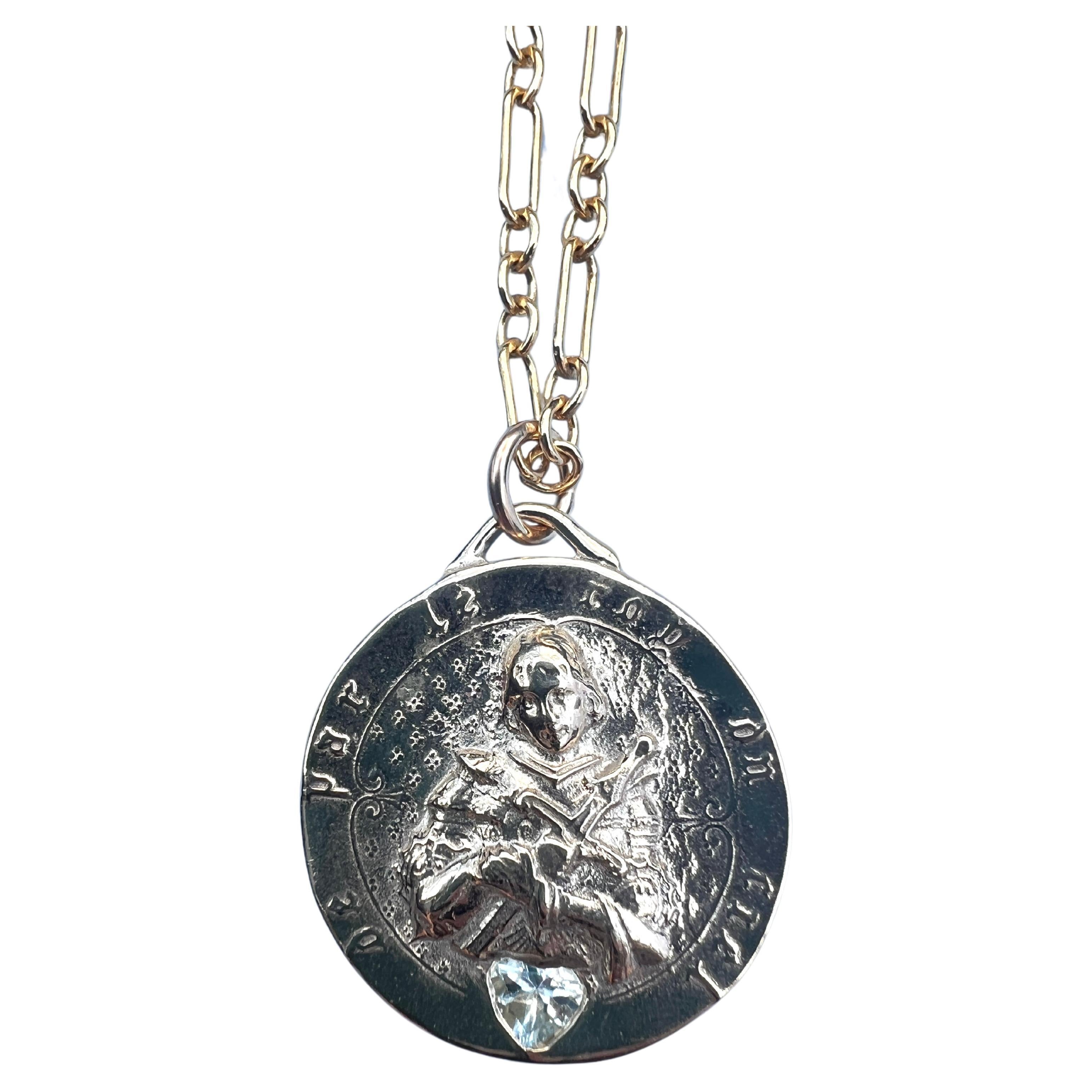 Joan of Arc Medal Aquamarine Heart in Bronze hanging on a Goldfilled Chain Necklace

Length: ~27