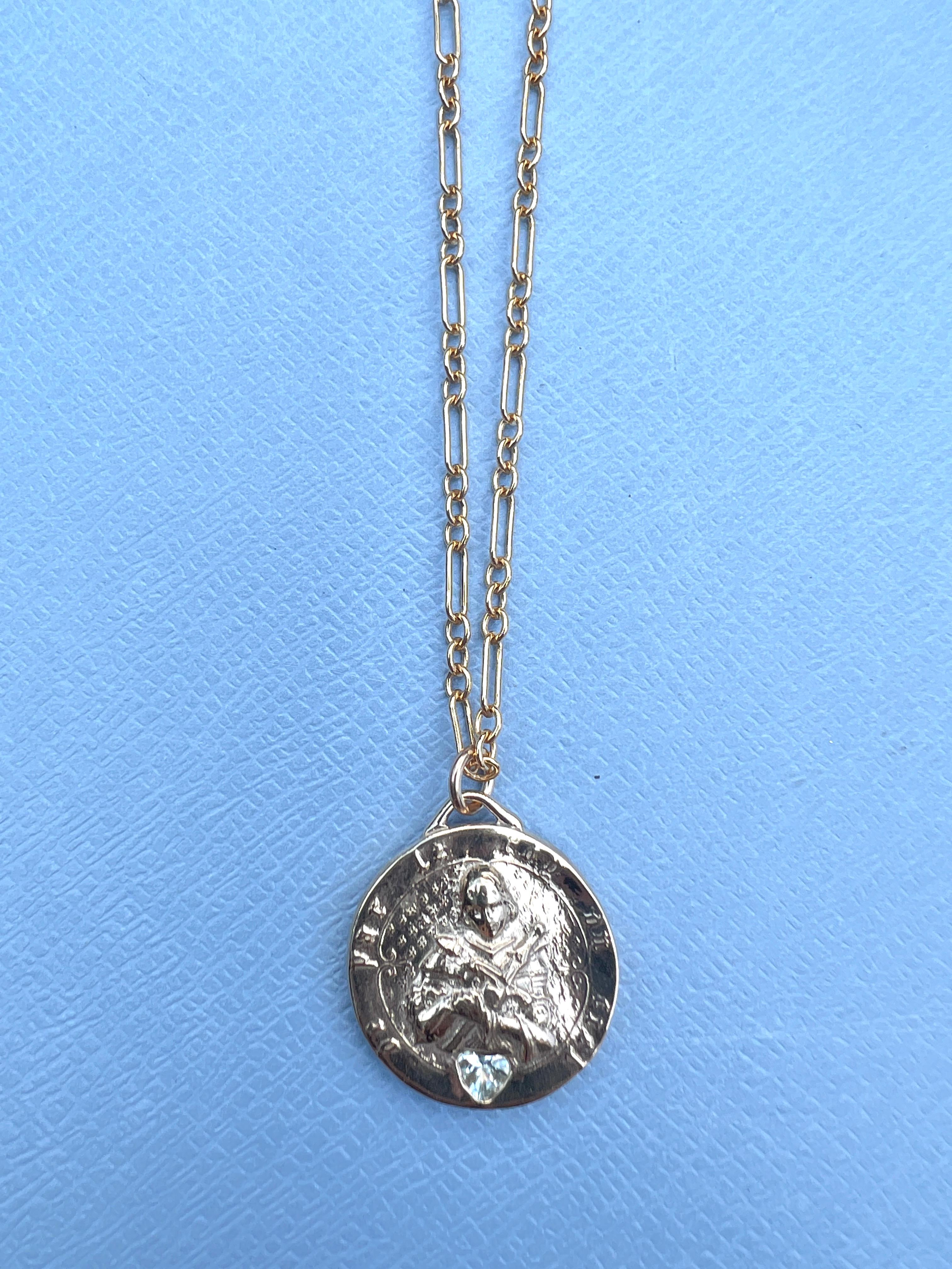 Contemporary Joan of Arc Medal Aquamarine Heart Chain Necklace For Sale