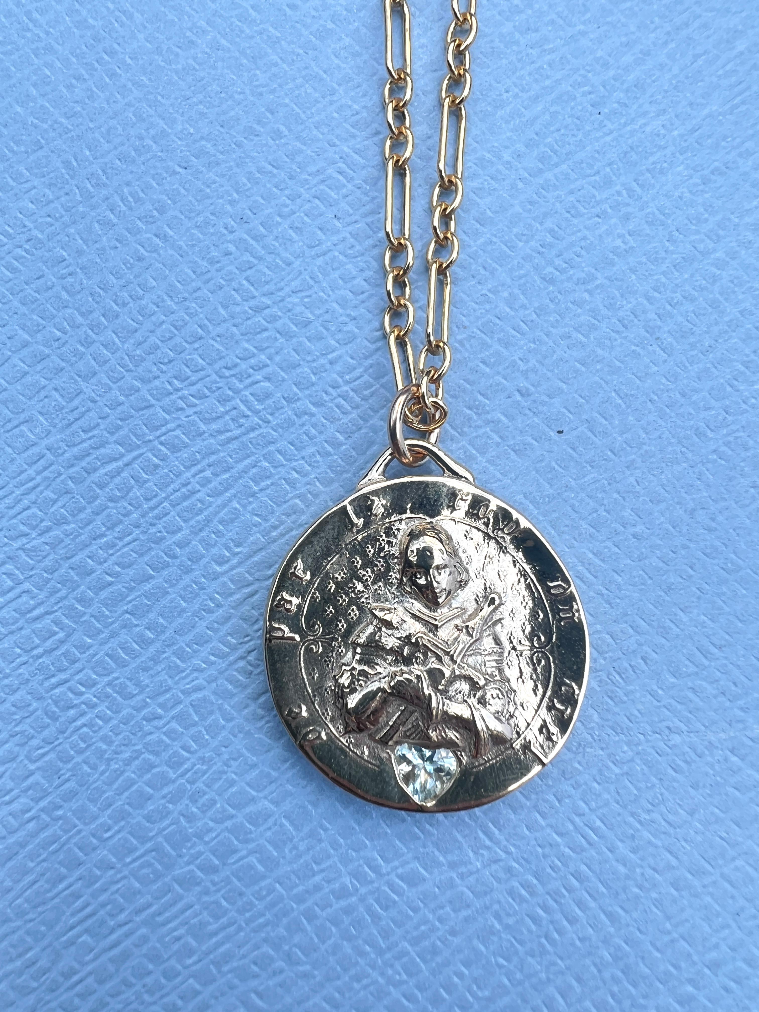 Heart Cut Joan of Arc Medal Aquamarine Heart Chain Necklace For Sale