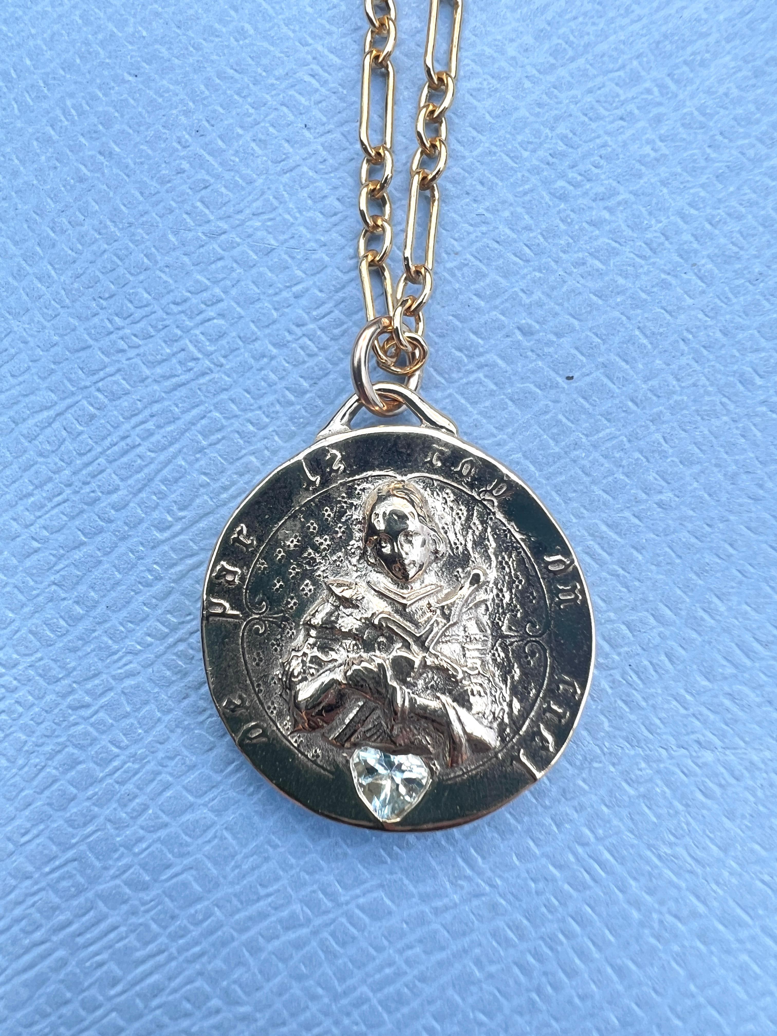 Joan of Arc Medal Aquamarine Heart Chain Necklace In New Condition For Sale In Los Angeles, CA