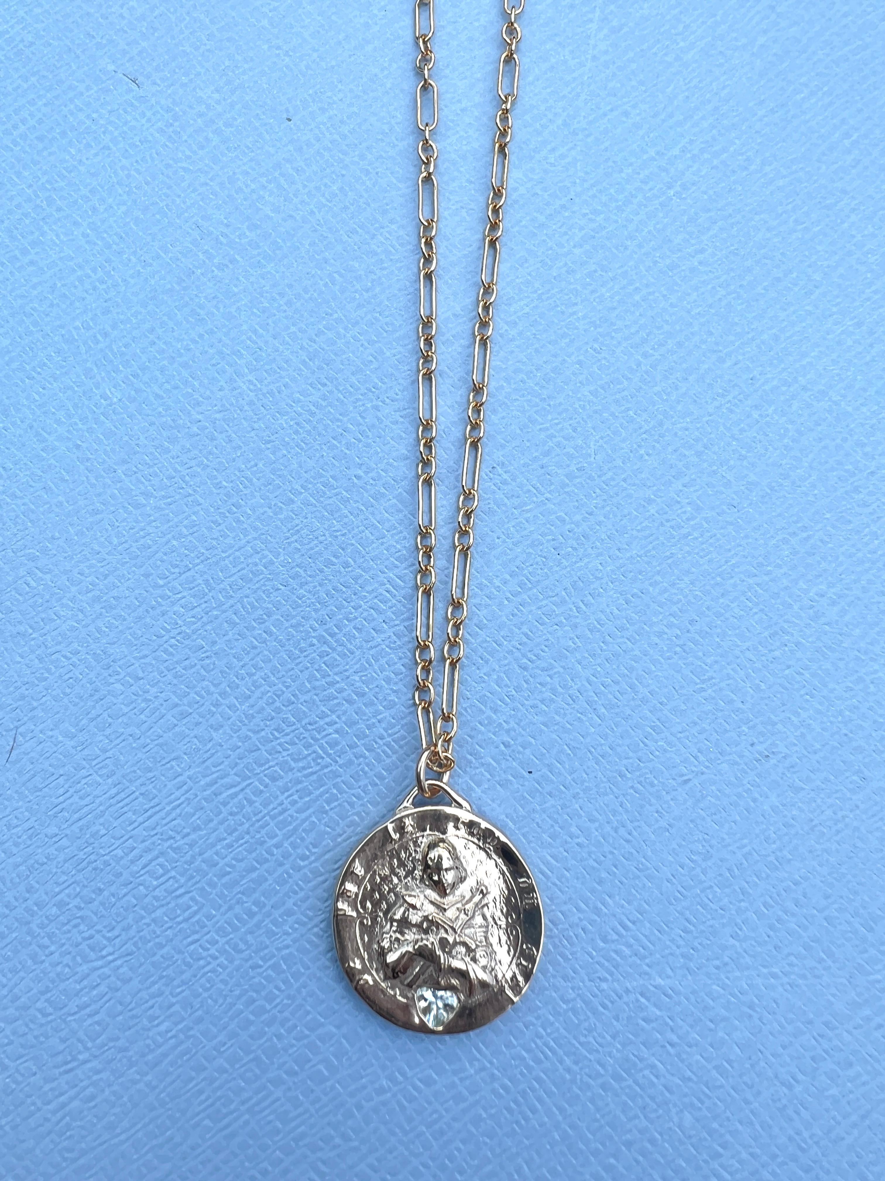 Women's Joan of Arc Medal Aquamarine Heart Chain Necklace For Sale