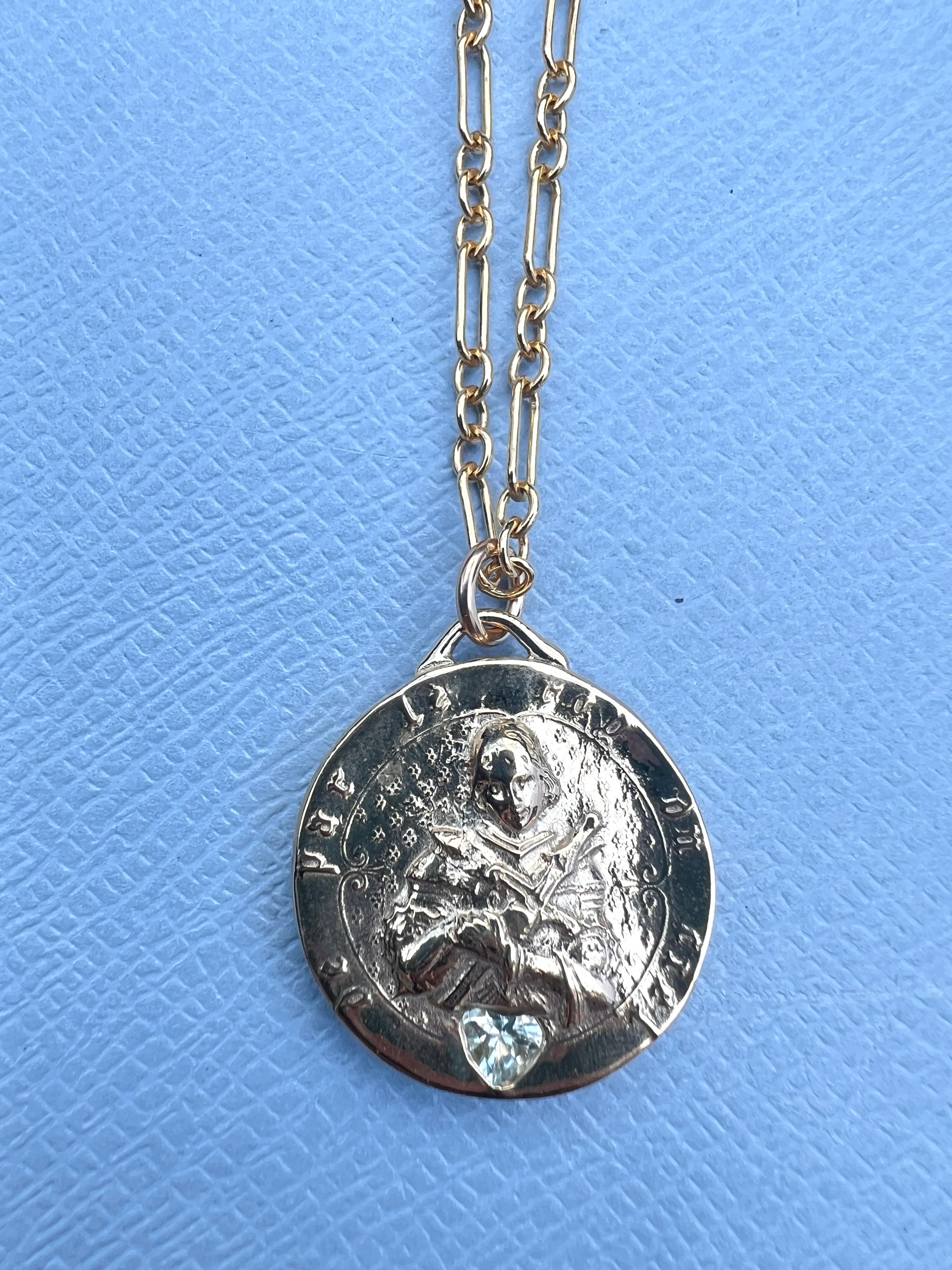 Joan of Arc Medal Aquamarine Heart Chain Necklace For Sale 1