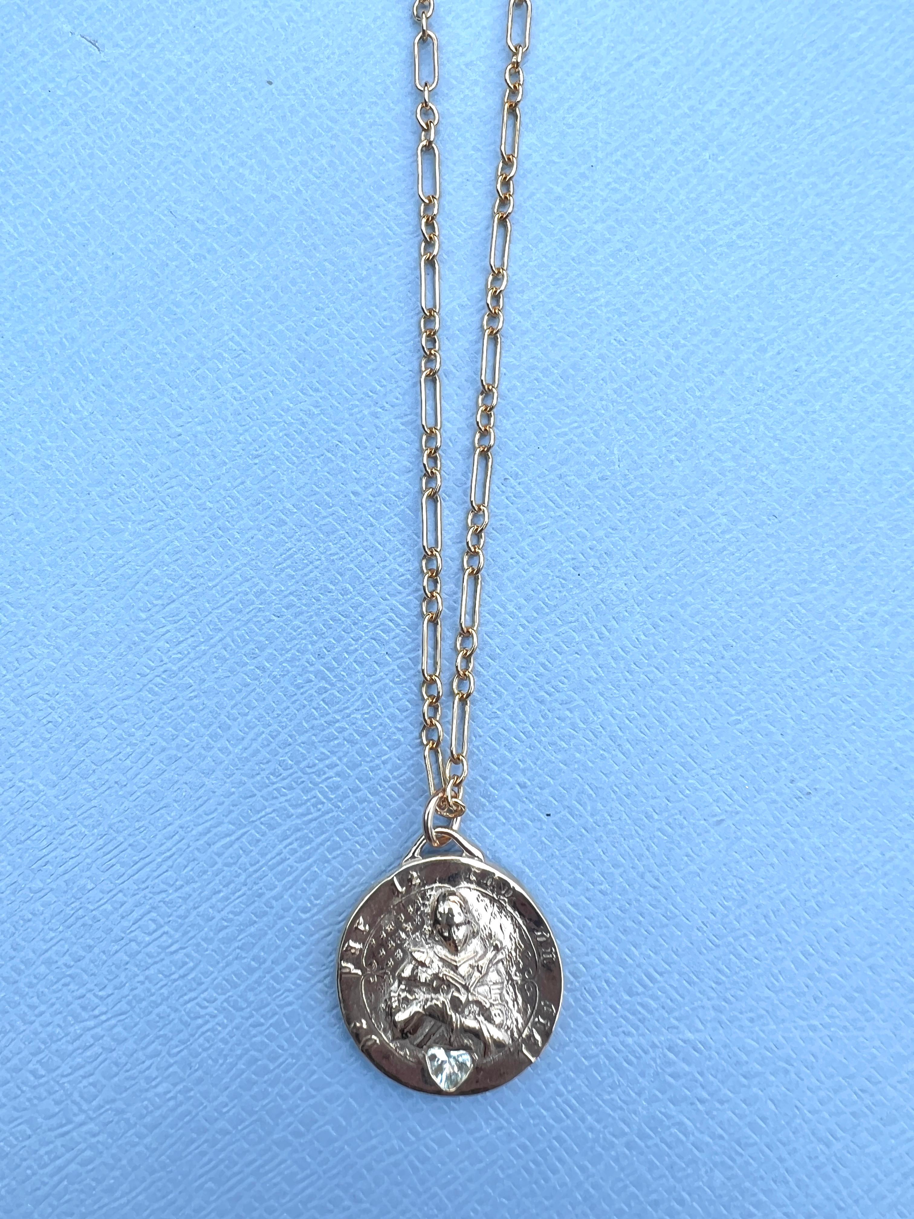 Joan of Arc Medal Aquamarine Heart Chain Necklace For Sale 2