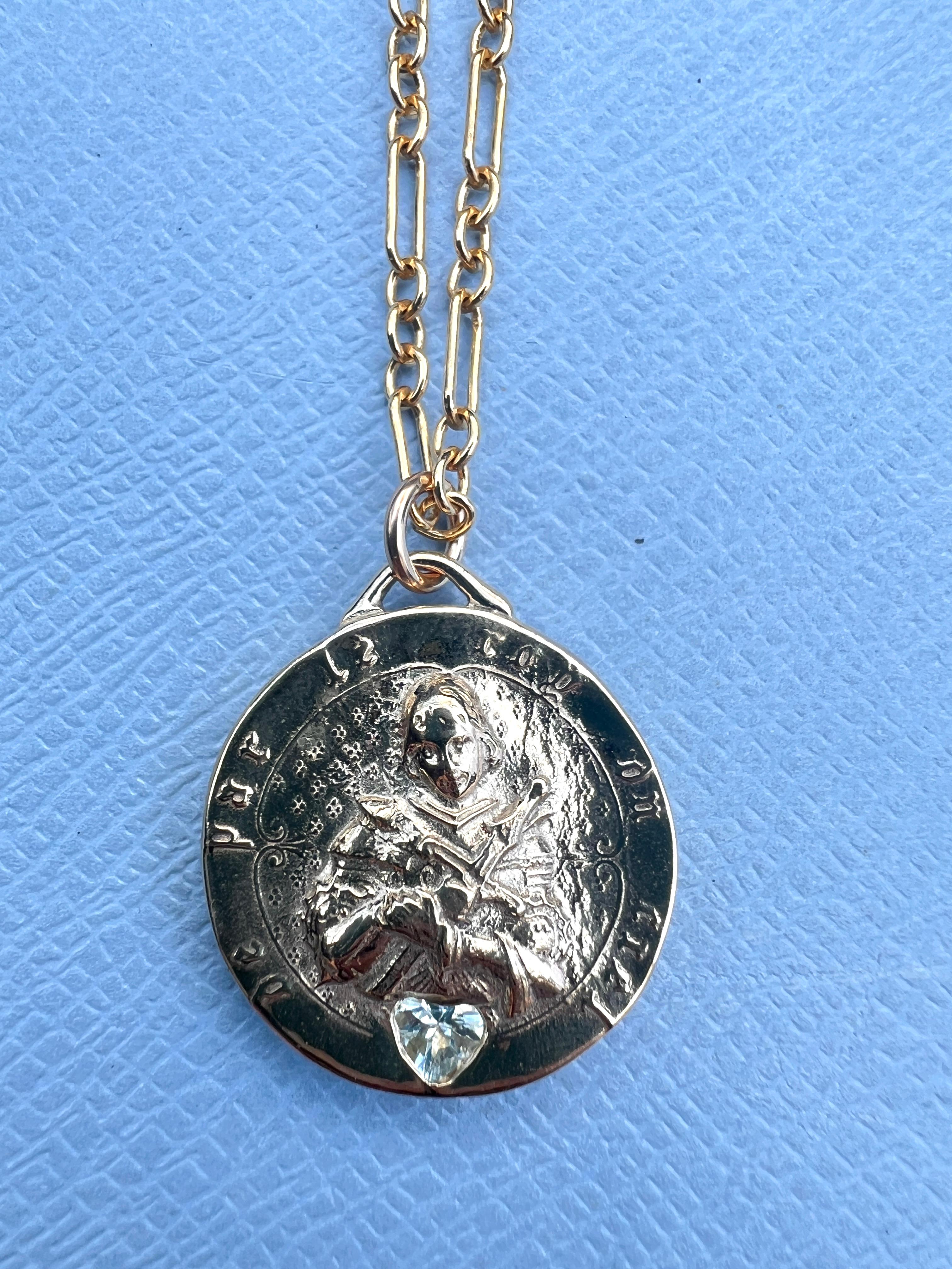 Joan of Arc Medal Aquamarine Heart Chain Necklace For Sale 3