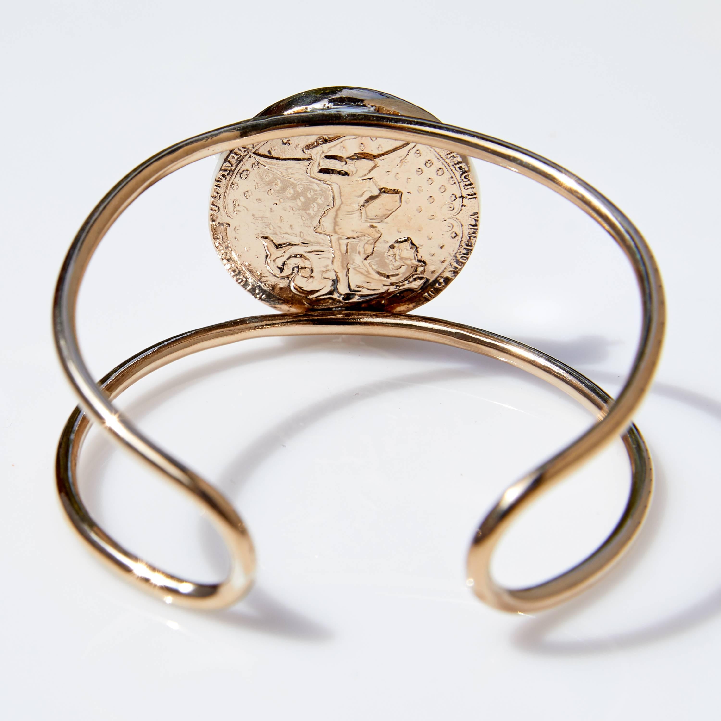 Contemporary Joan of Arc Medal Bangle Bracelet White Diamond Silver Bronze Spiritual For Sale