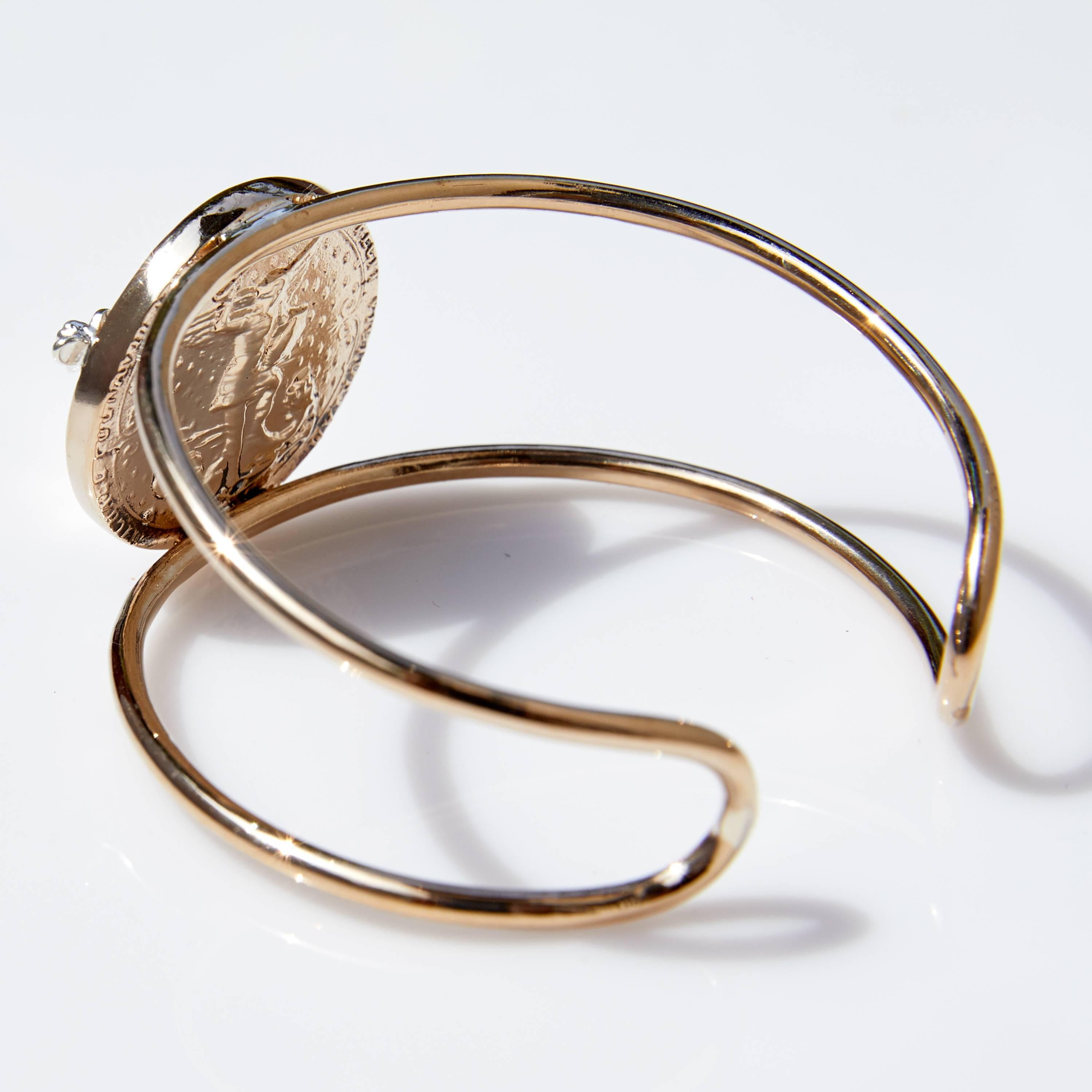Round Cut Joan of Arc Medal Bangle Bracelet White Diamond Silver Bronze Spiritual For Sale