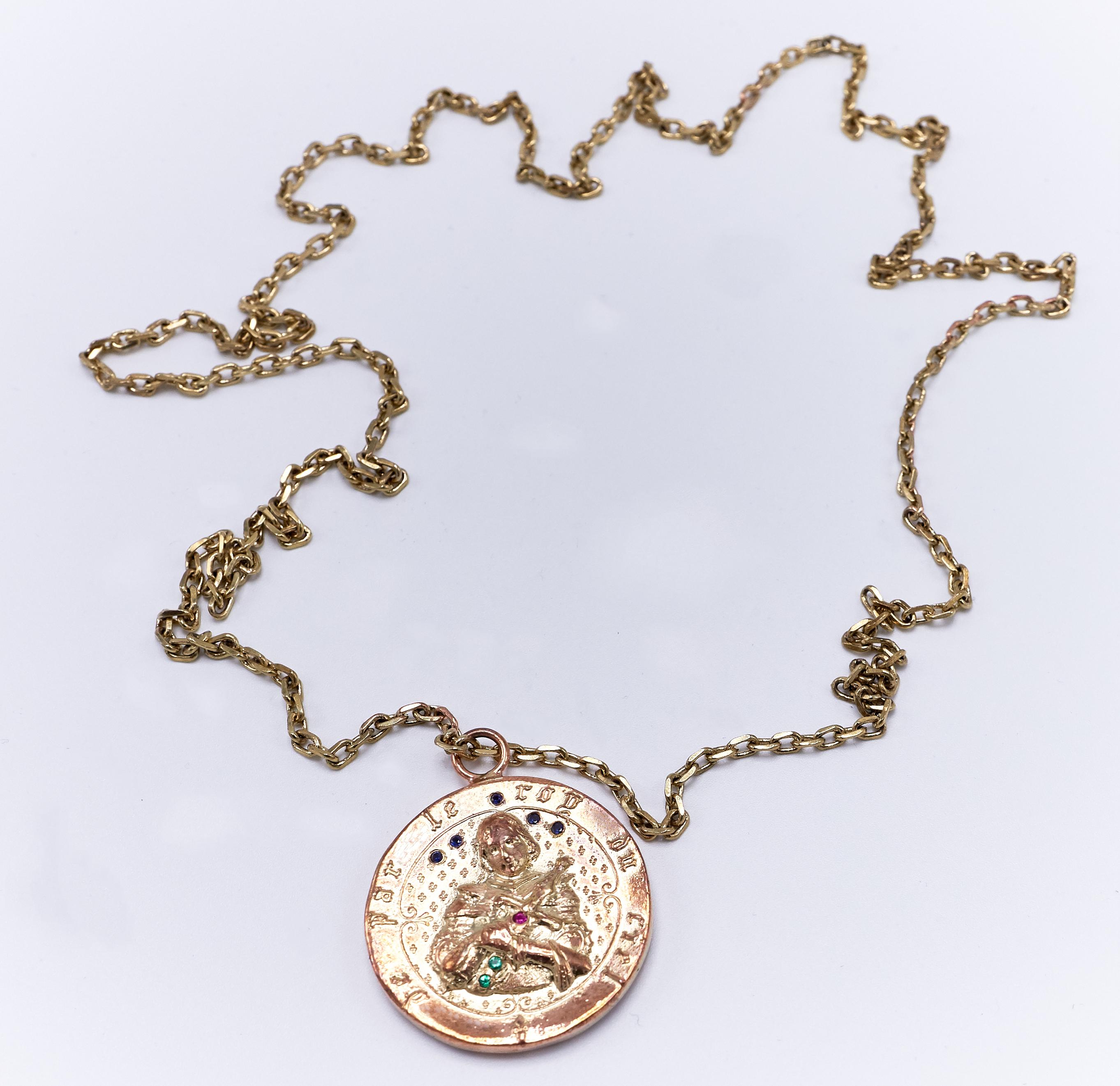 Contemporary Joan of Arc Medal Coin Necklace Ruby Emerald Blue Sapphire Bronze J Dauphin For Sale