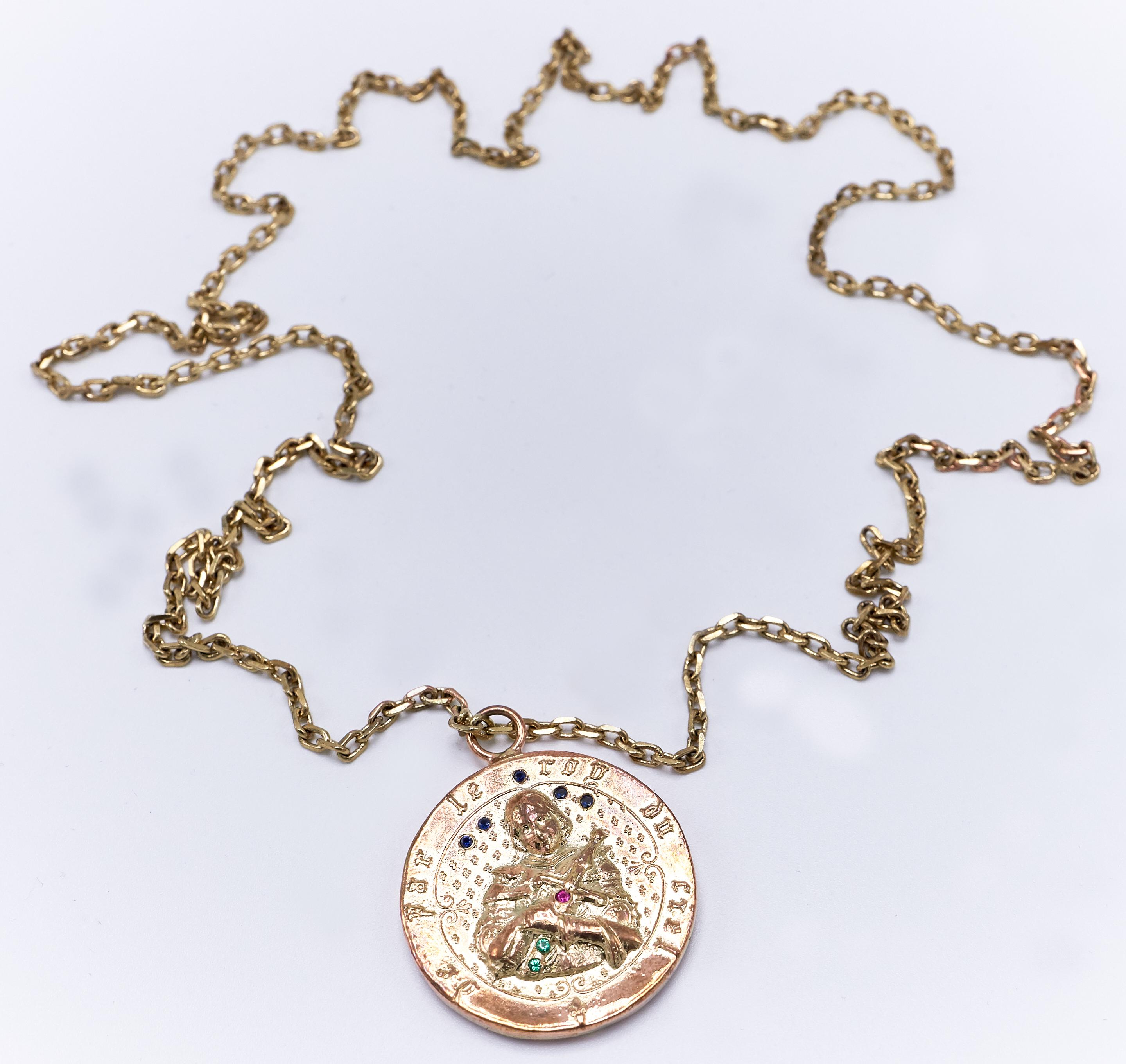 Round Cut Joan of Arc Medal Coin Necklace Ruby Emerald Blue Sapphire Bronze J Dauphin For Sale