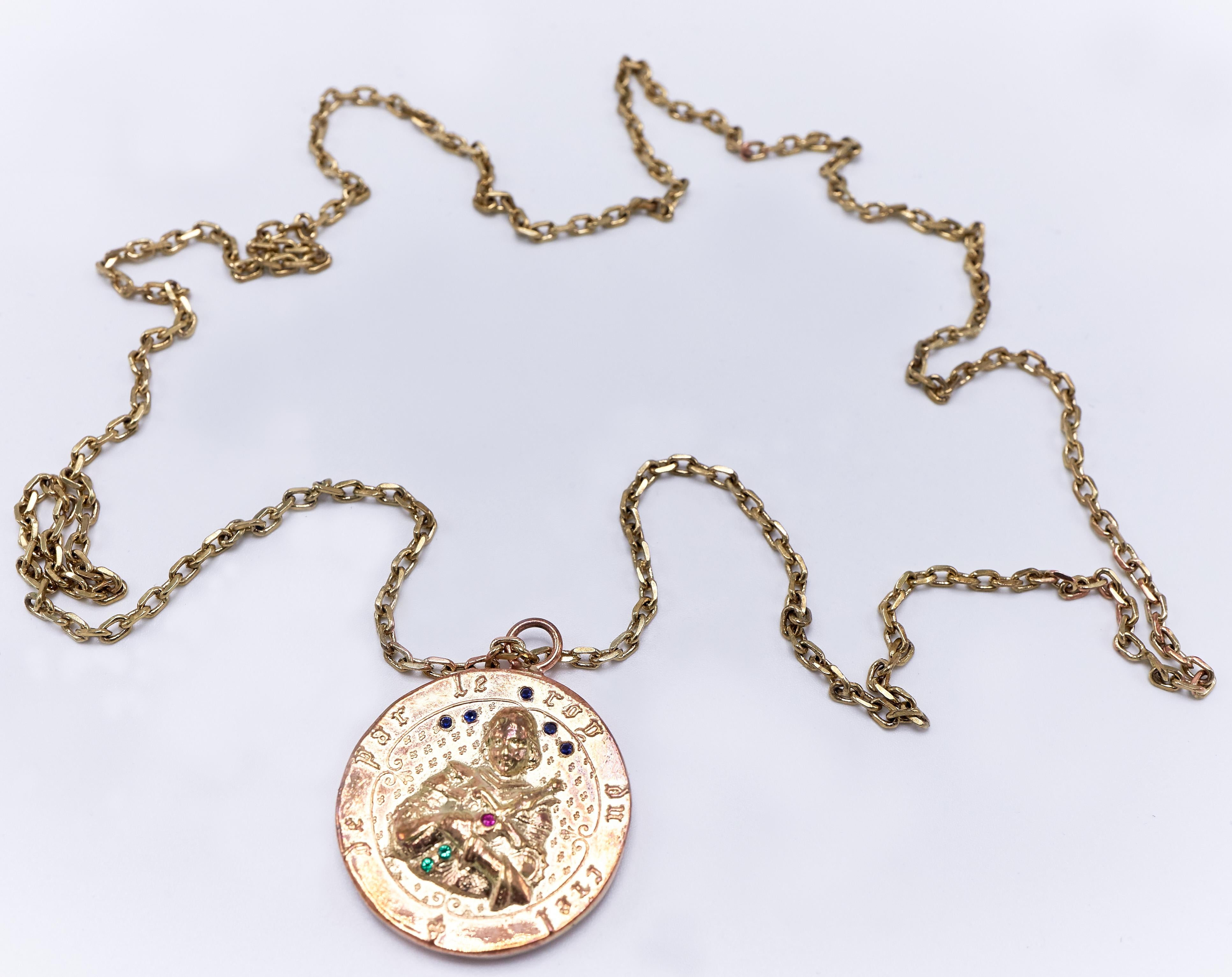 Joan of Arc Medal Coin Necklace Ruby Emerald Blue Sapphire Bronze J Dauphin In New Condition For Sale In Los Angeles, CA