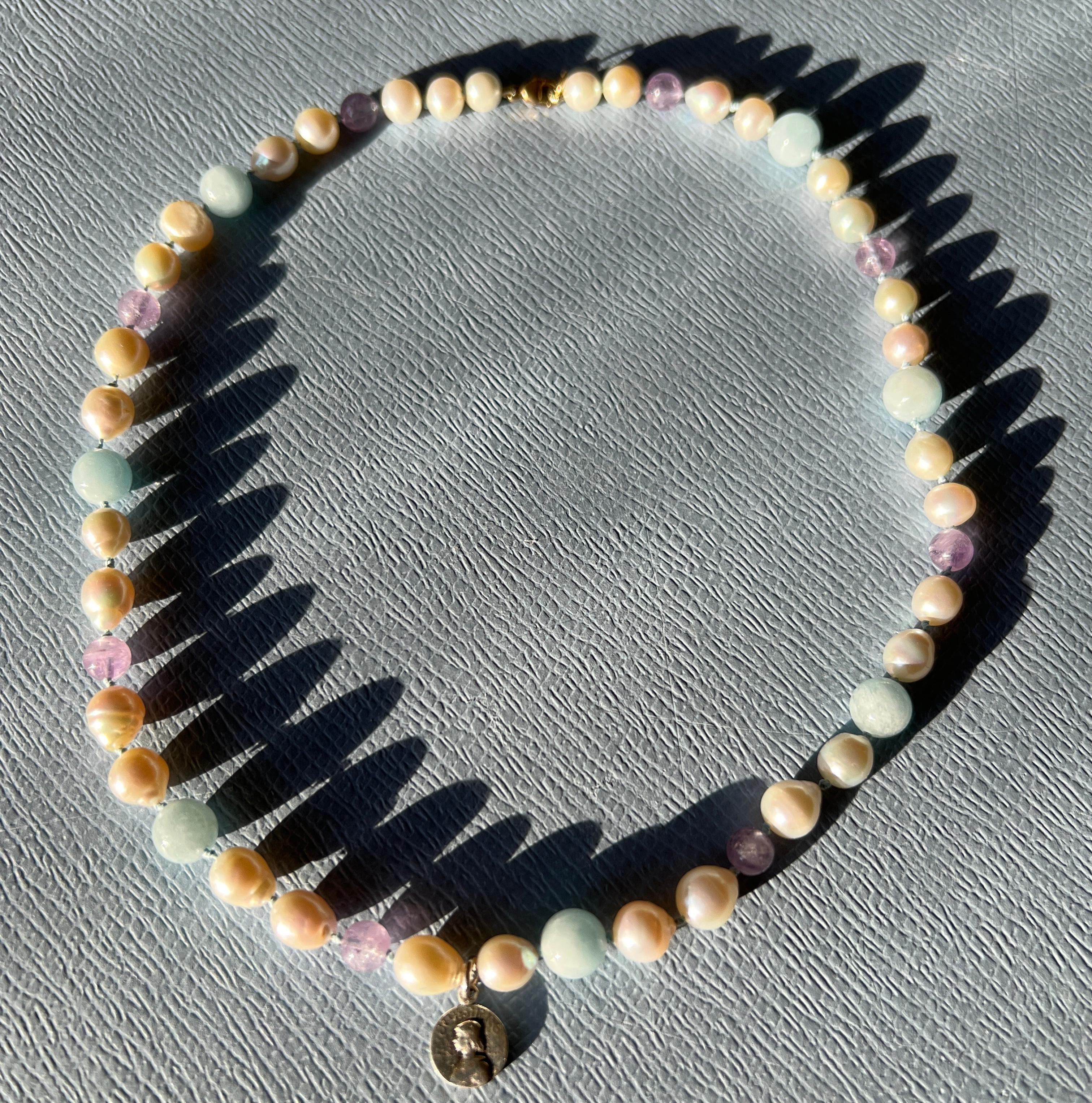Art Nouveau Joan of Arc Medal Necklace Aquamarine Amethyst White Pearl Beads Choker For Sale