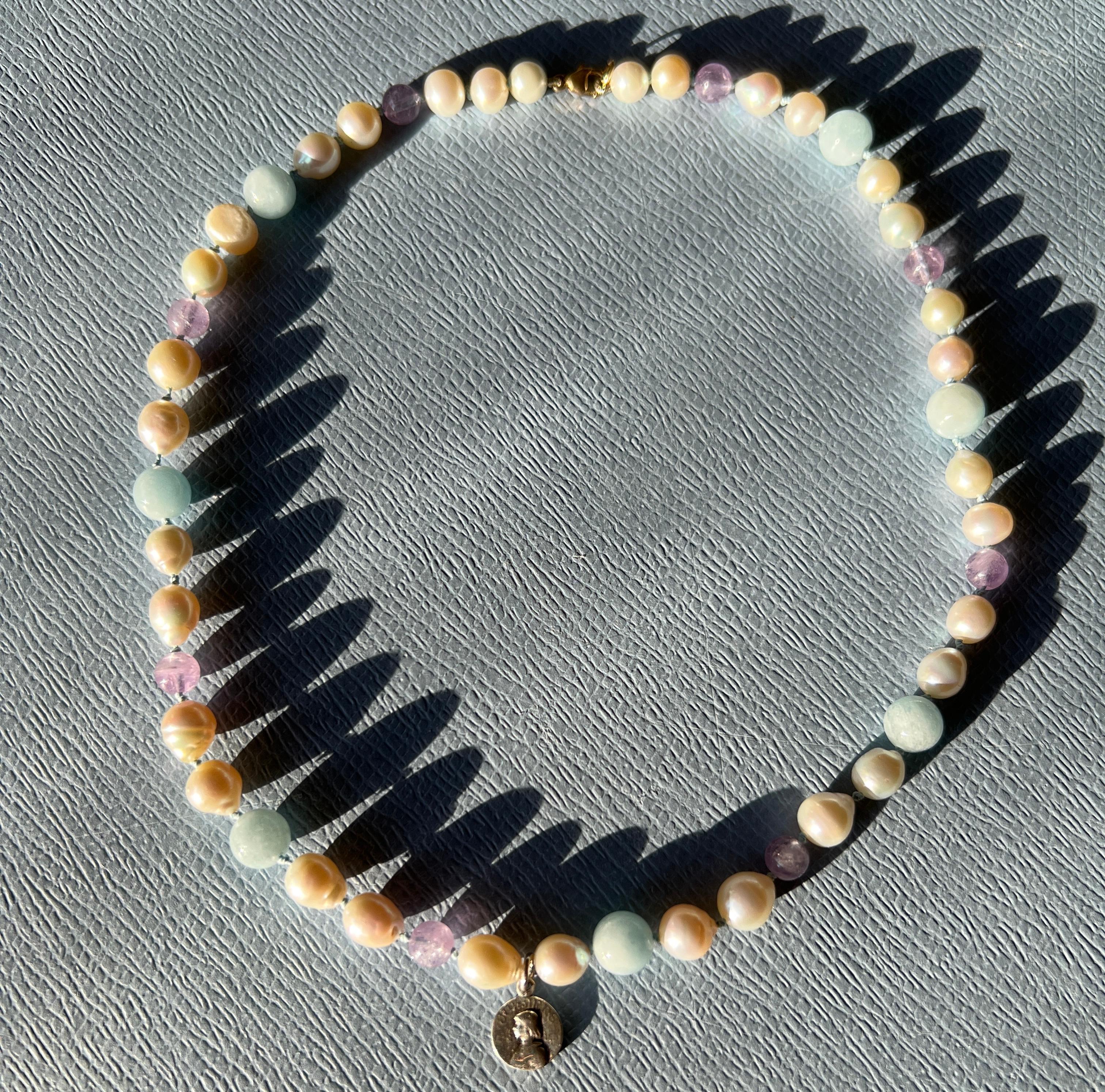 Round Cut Joan of Arc Medal Necklace Aquamarine Amethyst White Pearl Beads Choker For Sale