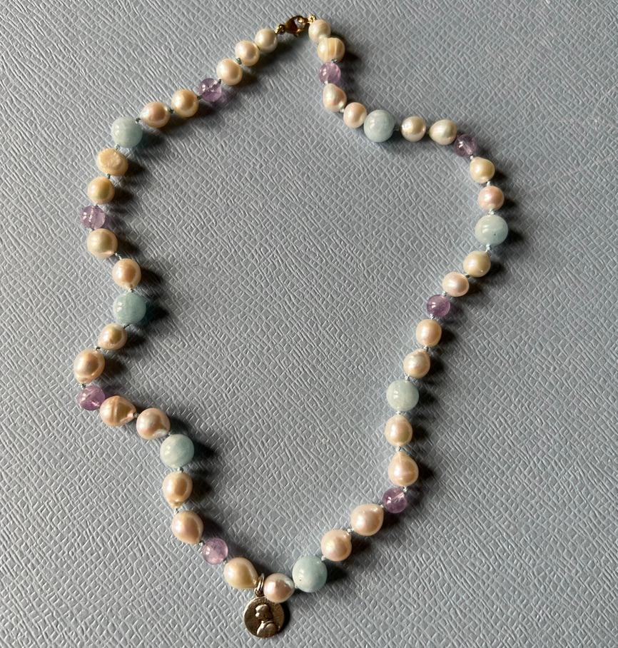 Joan of Arc Medal Necklace Aquamarine Amethyst White Pearl Beads Choker For Sale 1