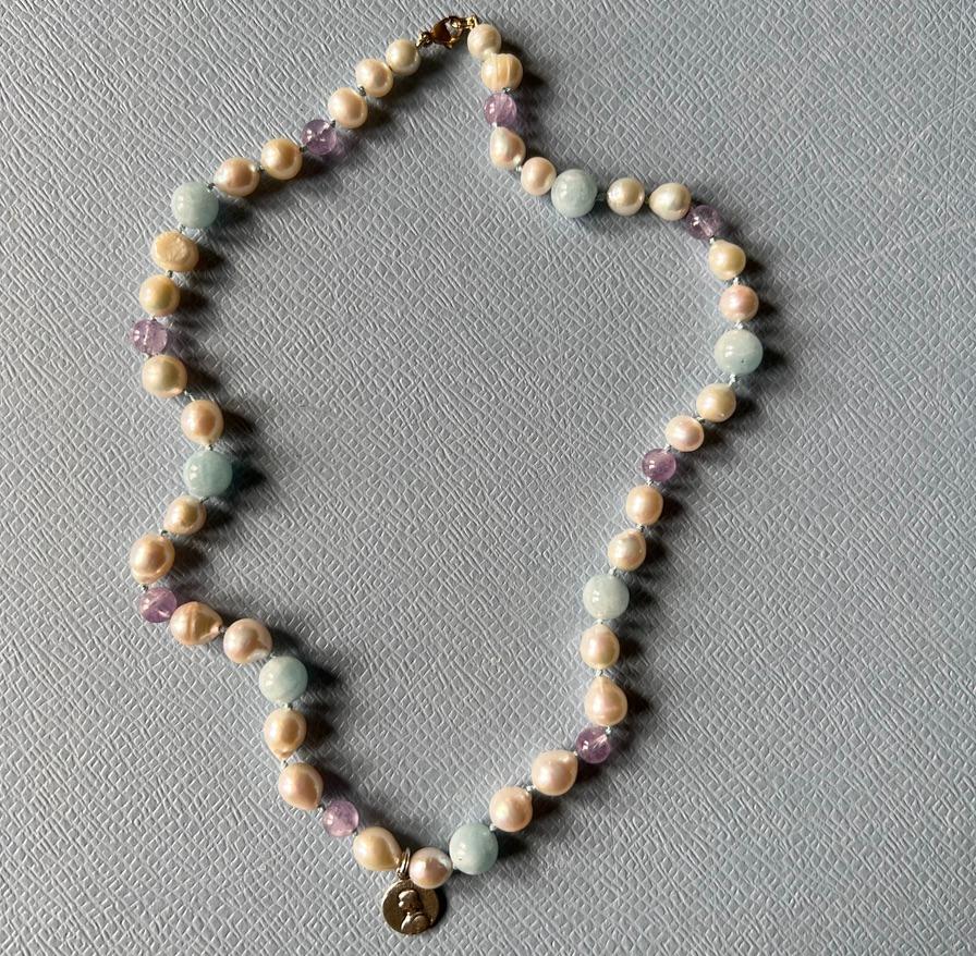 Joan of Arc Medal Necklace Aquamarine Amethyst White Pearl Beads Choker For Sale 2
