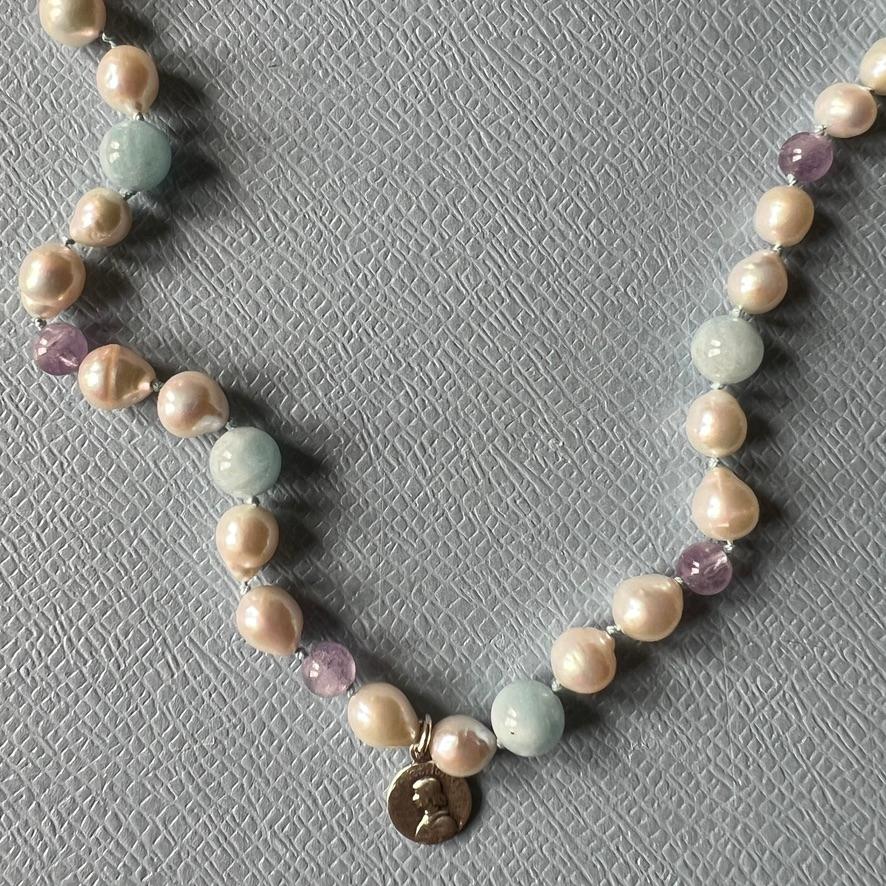 Joan of Arc Medal Necklace Aquamarine Amethyst White Pearl Beads Choker For Sale 3