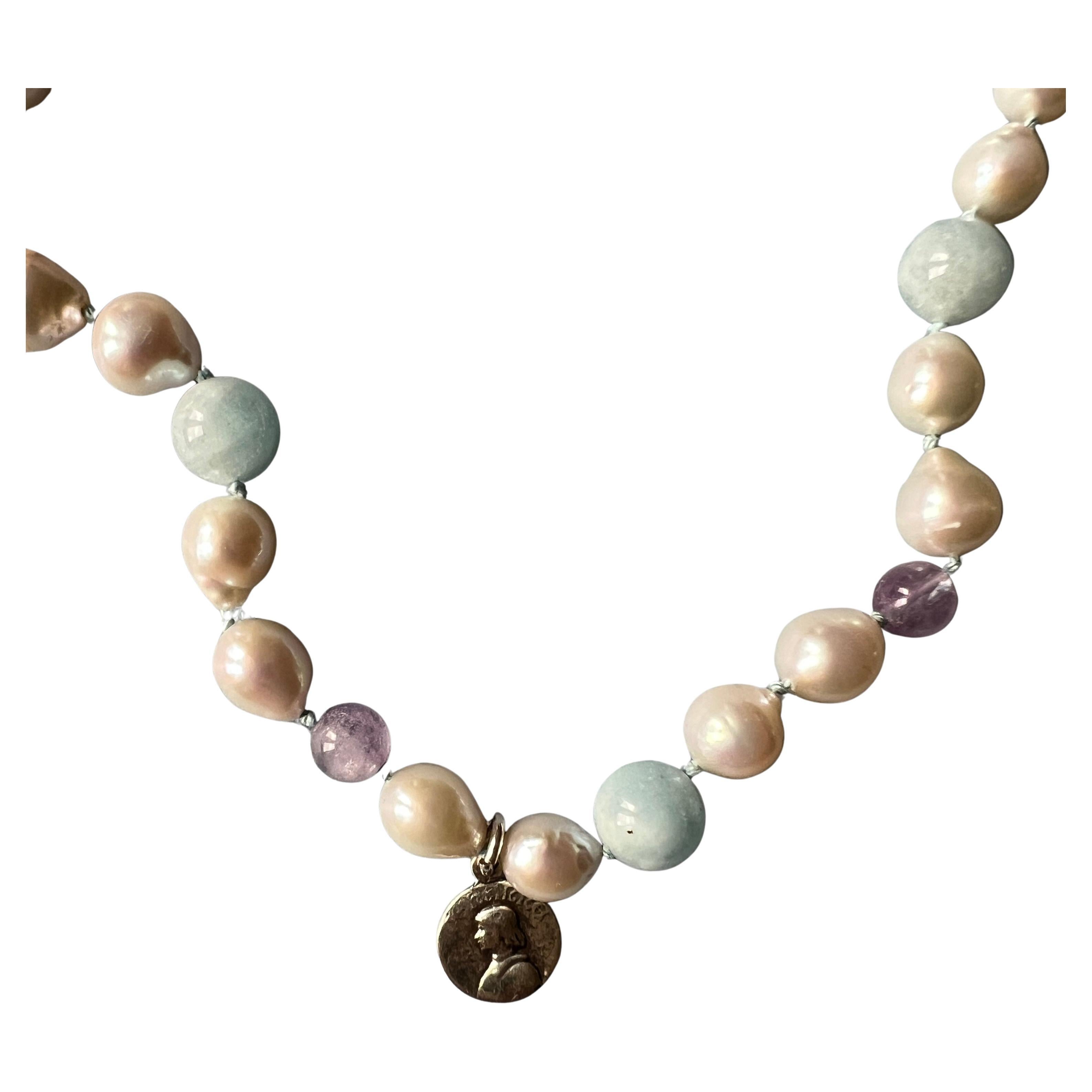 Joan of Arc Medal Necklace Aquamarine Amethyst White Pearl Beads Choker