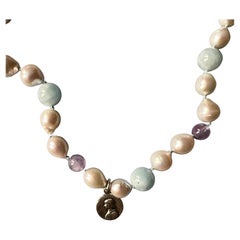 Joan of Arc Medal Necklace Aquamarine Amethyst White Pearl Beads Choker