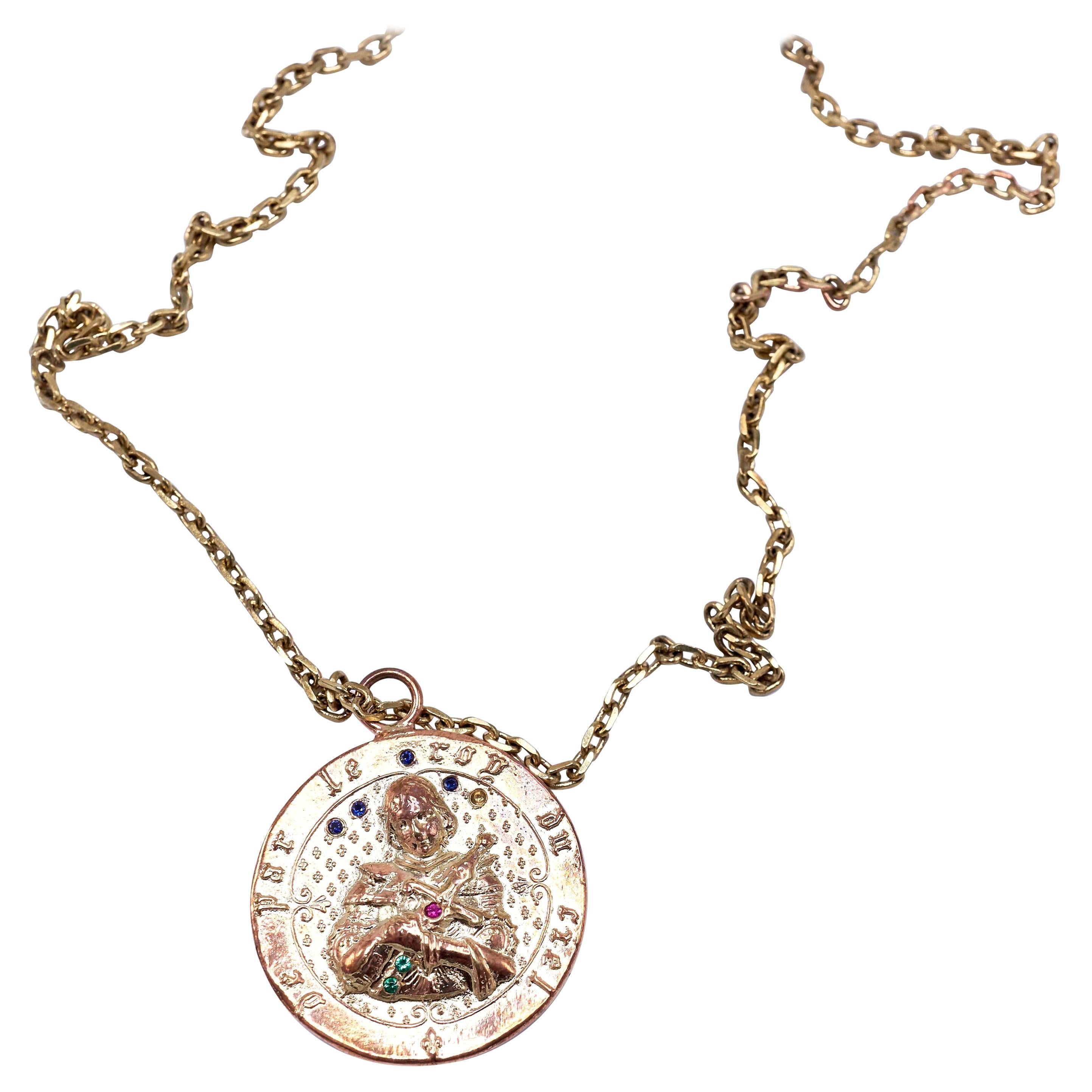 Joan of Arc Medal Gold Plated Necklace Ruby Emerald Blue Sapphire J DAUPHIN

J DAUPHIN 