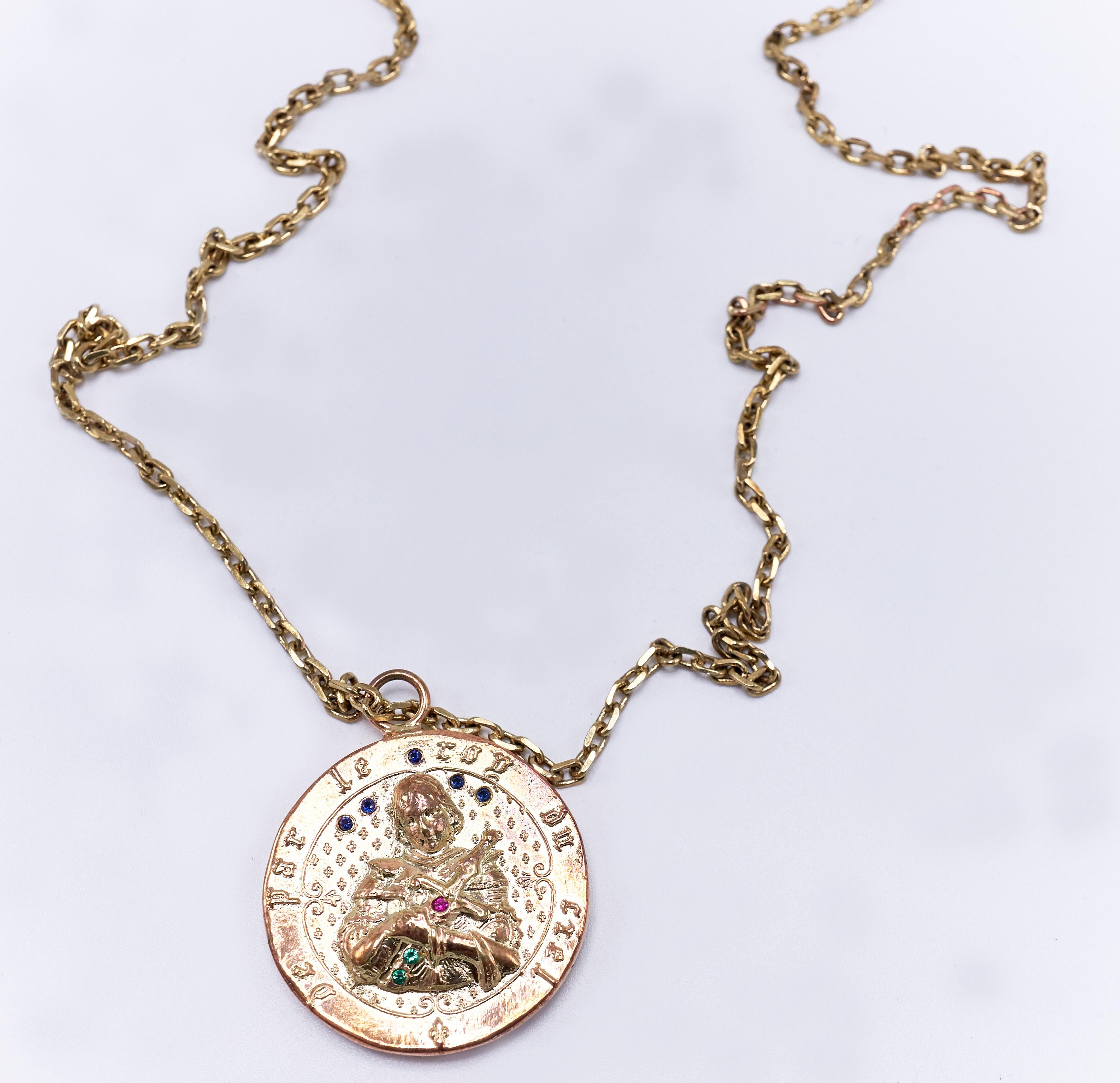 Round Cut Joan of Arc Medal Necklace Ruby Emerald Blue Sapphire J DAUPHIN For Sale