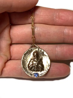 Joan of Arc Medal Necklace Tanzanite Heart Coin Pendant
