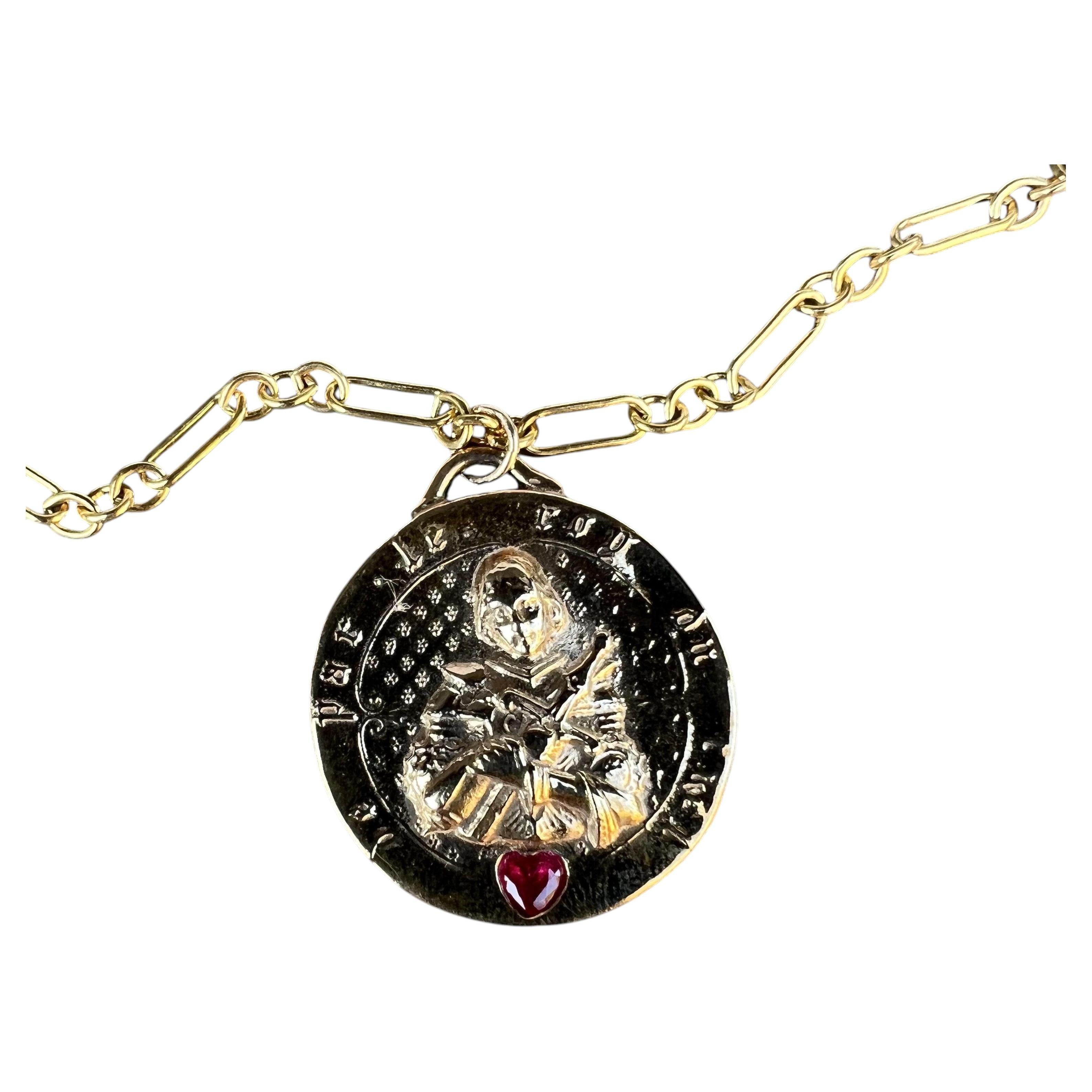 Joan of Arc Medal Necklace Ruby Heart Coin Pendant Gold For Sale