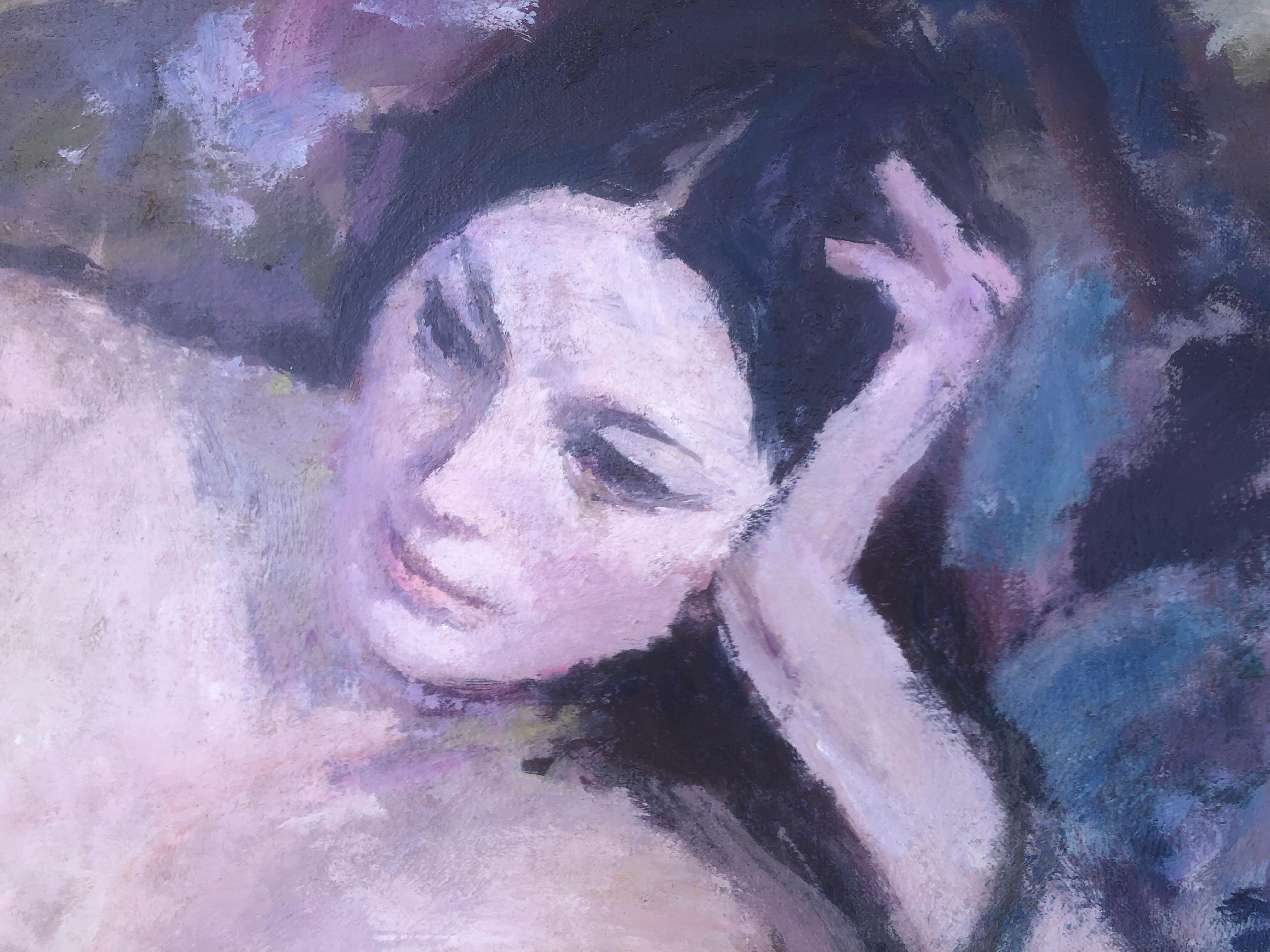 Nude woman oil on canvas painting portrait - Impressionist Painting by Joan Palet