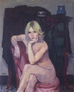 Vintage Nude woman oil on canvas painting portrait