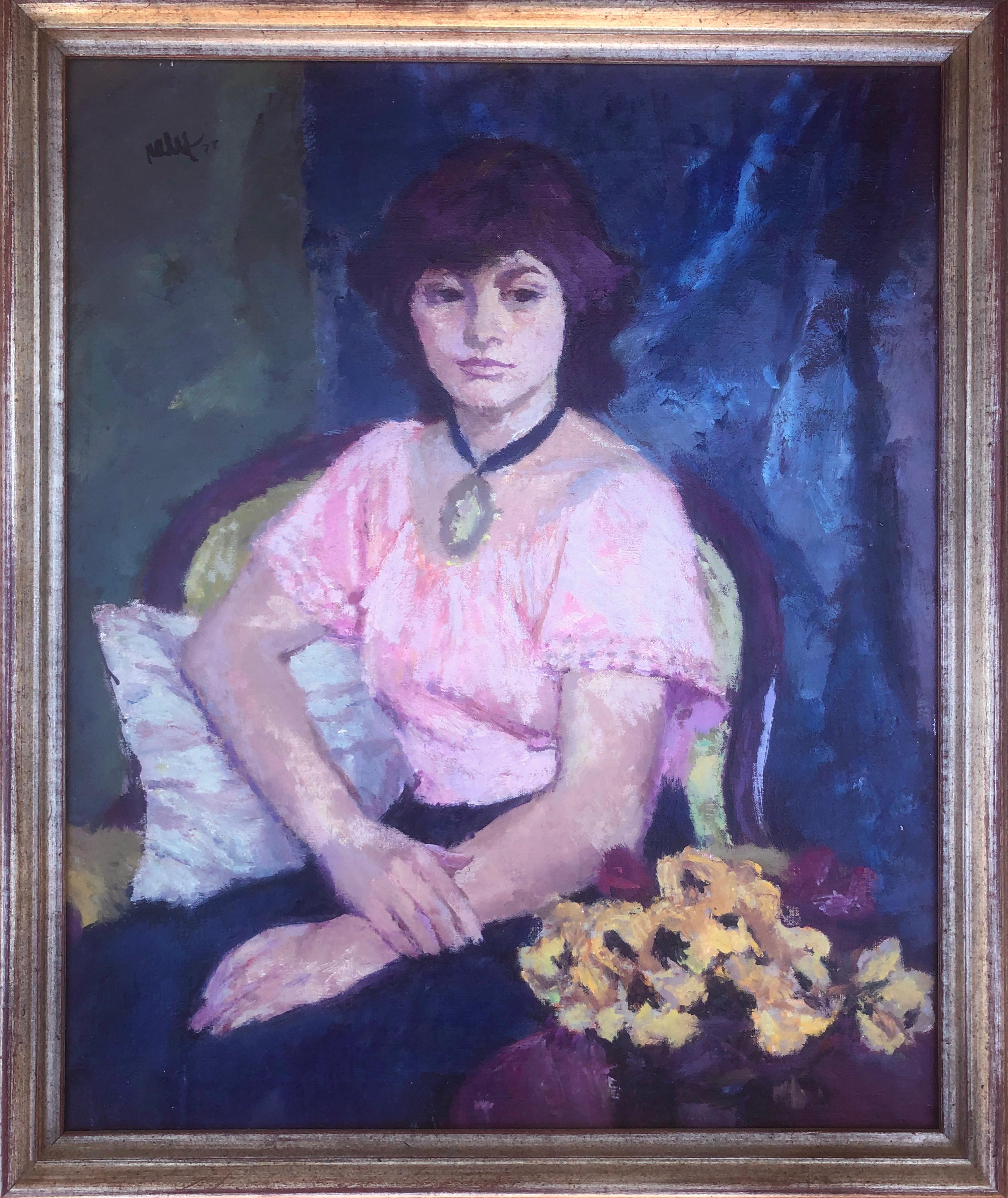 Woman posing oil on canvas painting - Painting by Joan Palet