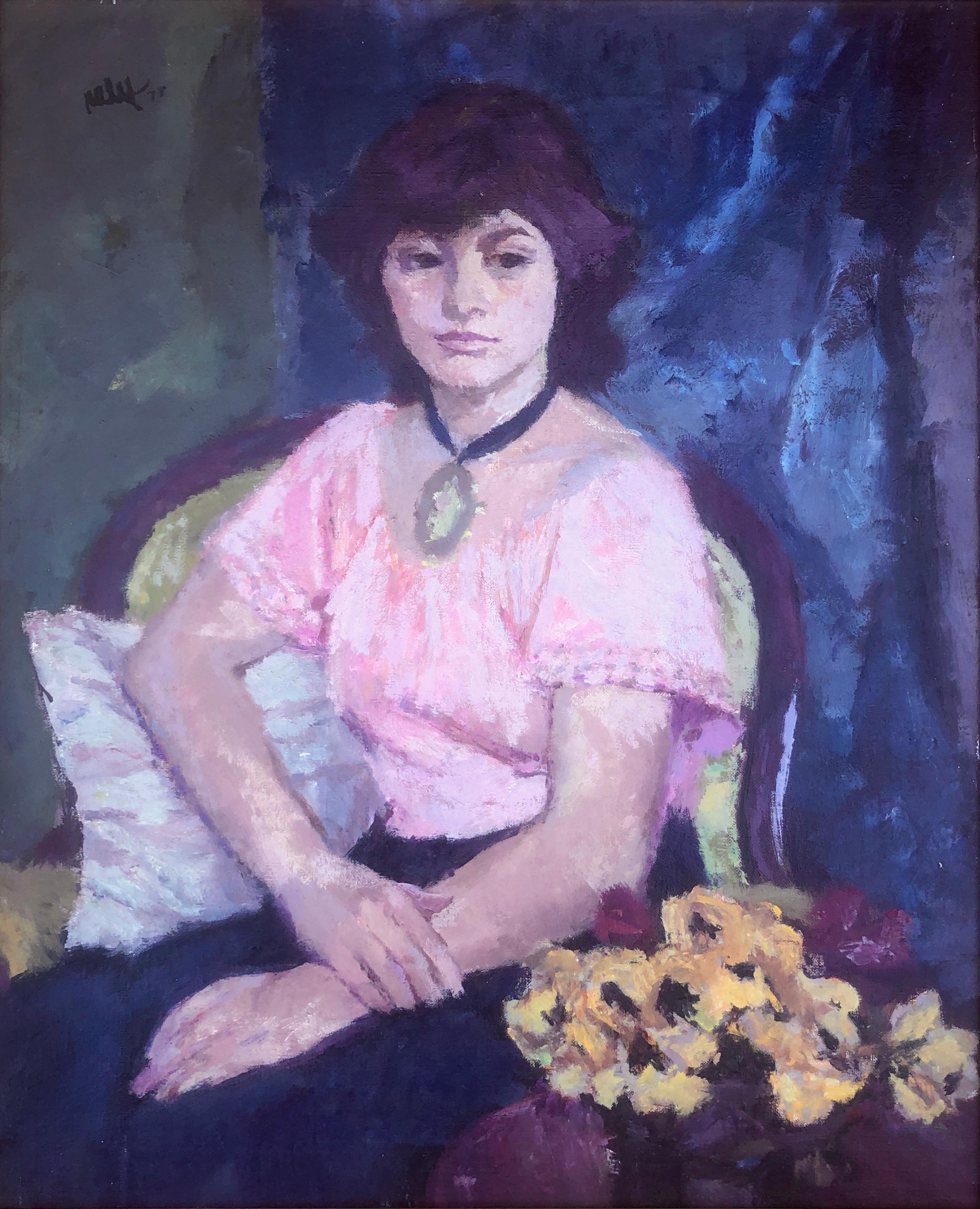 Portrait Painting di Joan Palet - Donna in posa dipinto ad olio su tela