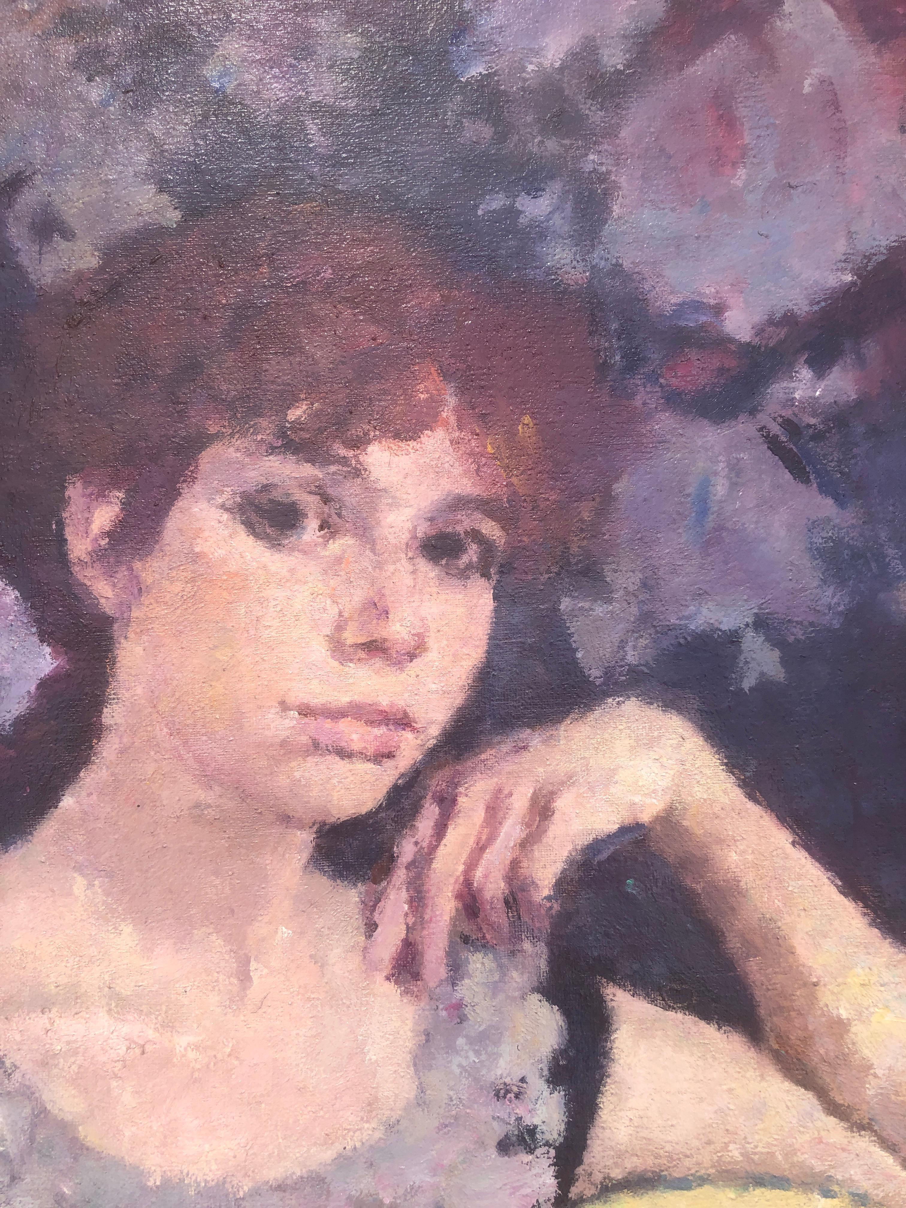 Mujer con abanico paipai óleo sobre lienzo pintura retrato - Portrait Painting Gris de Joan Palet