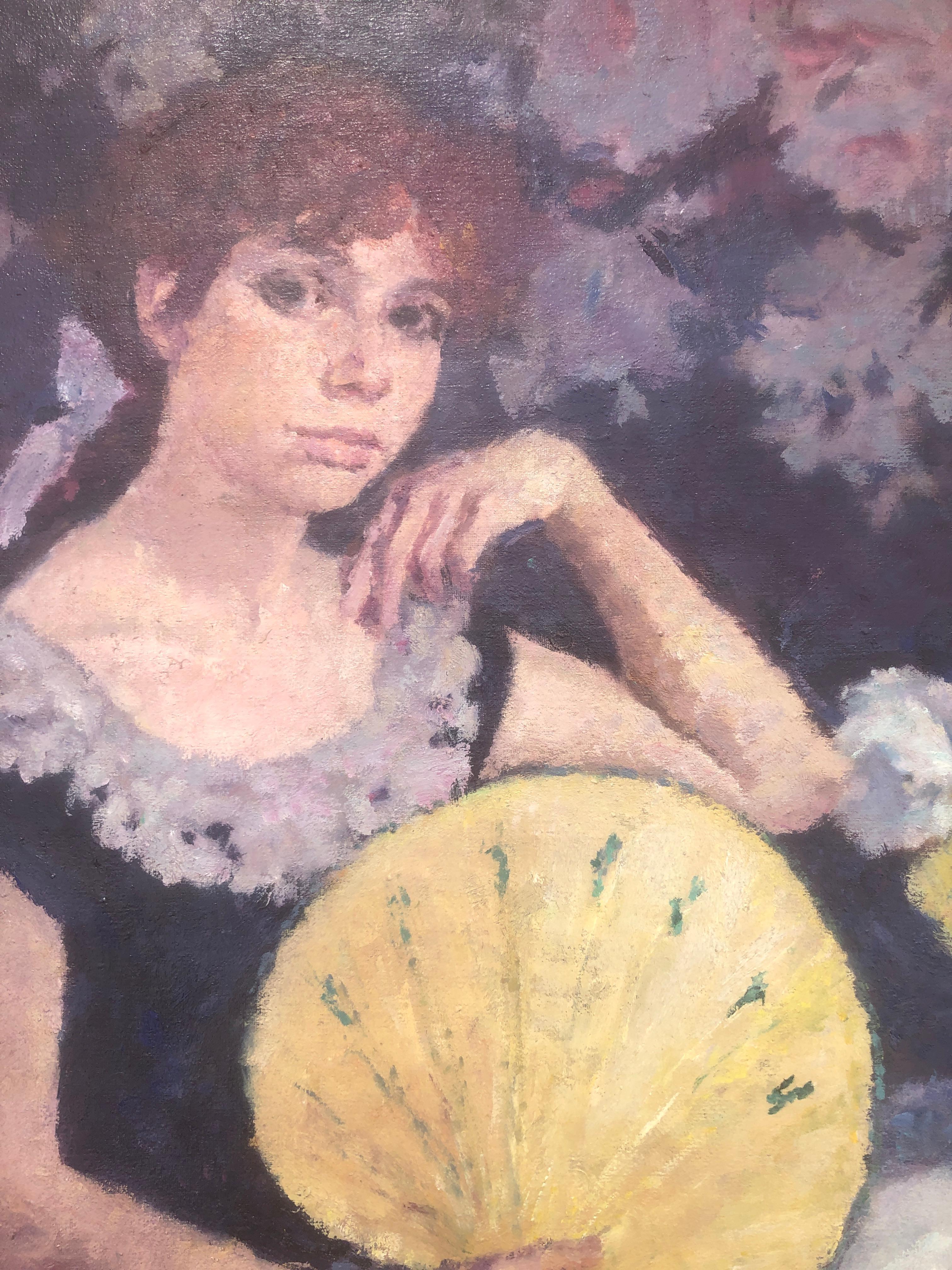 Mujer con abanico paipai óleo sobre lienzo pintura retrato en venta 2