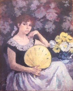 Woman with paipai fan oil on canvas painting portrait