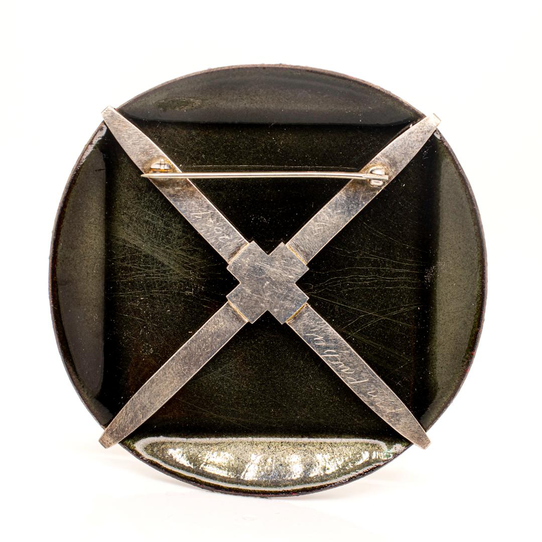 Modern Joan Parcher Glass & Vitreous Enamel on Copper with Silver Brooch For Sale