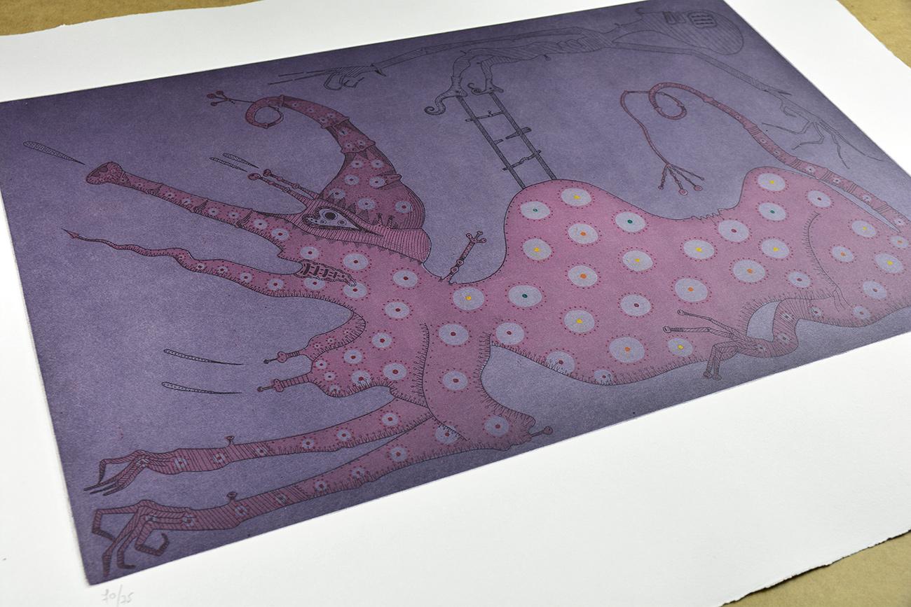 Joan Ponç - UNTITLED Gravure. Surréalisme espagnol Art Contemporary Purple en vente 1