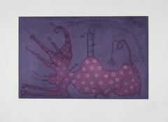 Vintage Joan Ponç - UNTITLED Etching. Spanish Surrealism Contemporary Art Purple